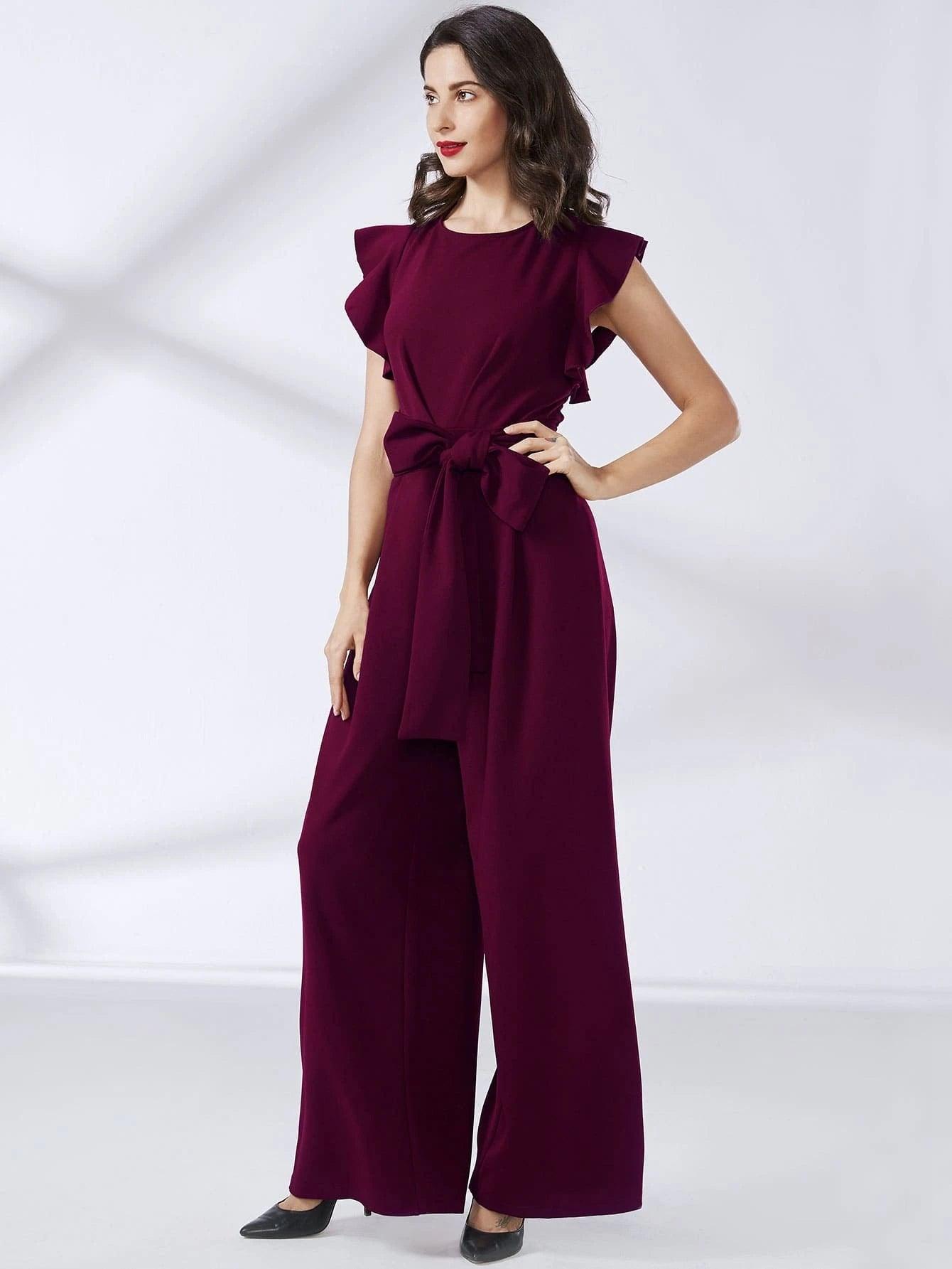 Trim Belted Wide Leg Jumpsuit-Comfy Jumpsuits