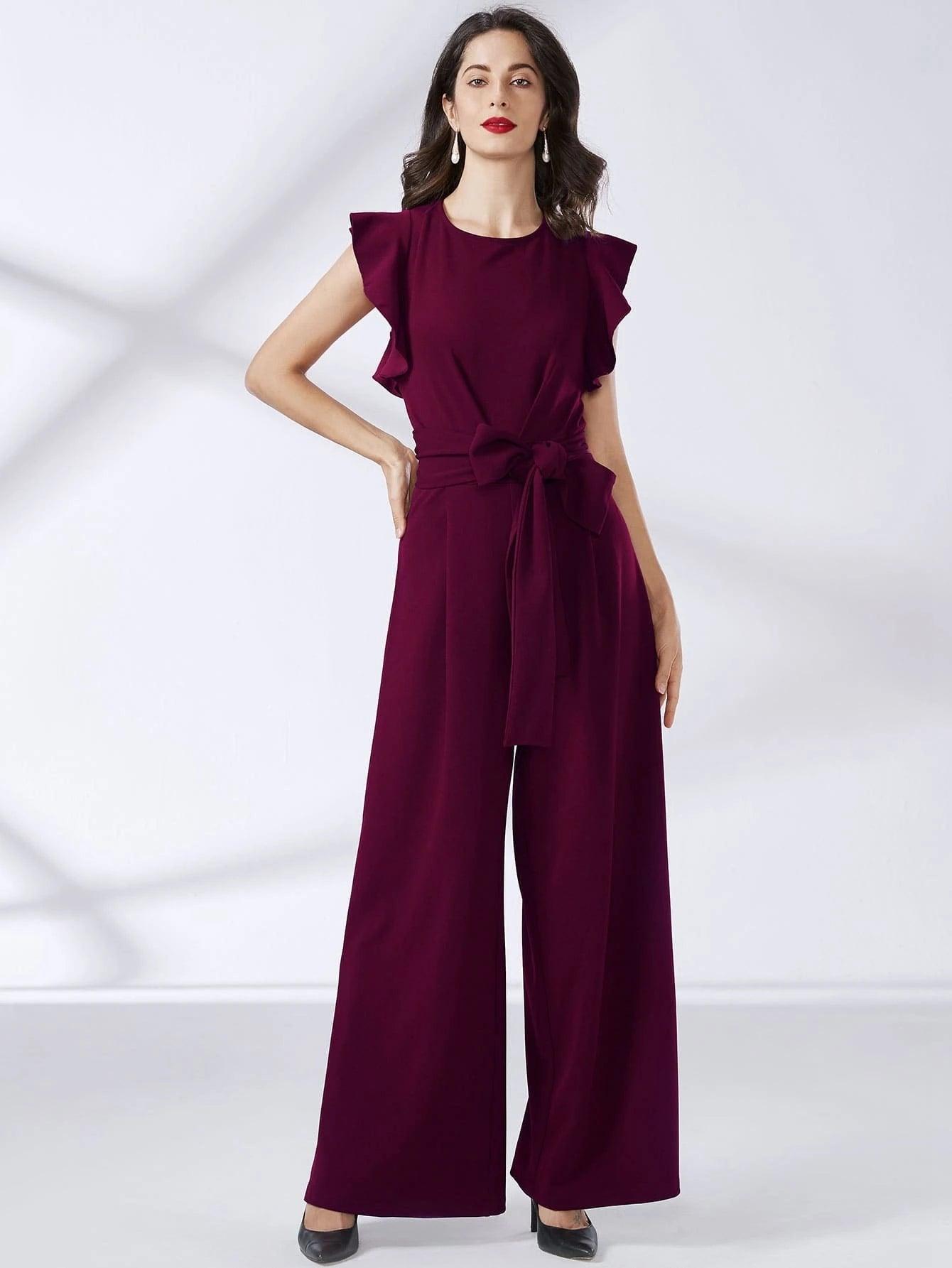 Trim Belted Wide Leg Jumpsuit-Comfy Jumpsuits