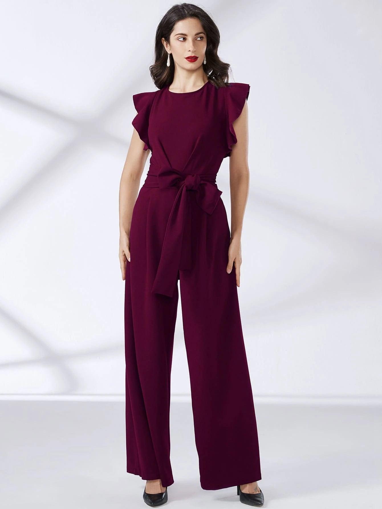 Trim Belted Wide Leg Jumpsuit-Comfy Jumpsuits