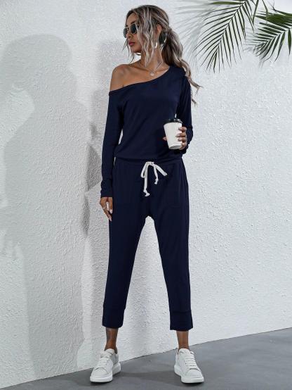Asymmetrical Neck Drawstring Waist Jumpsuit-Comfy Jumpsuits