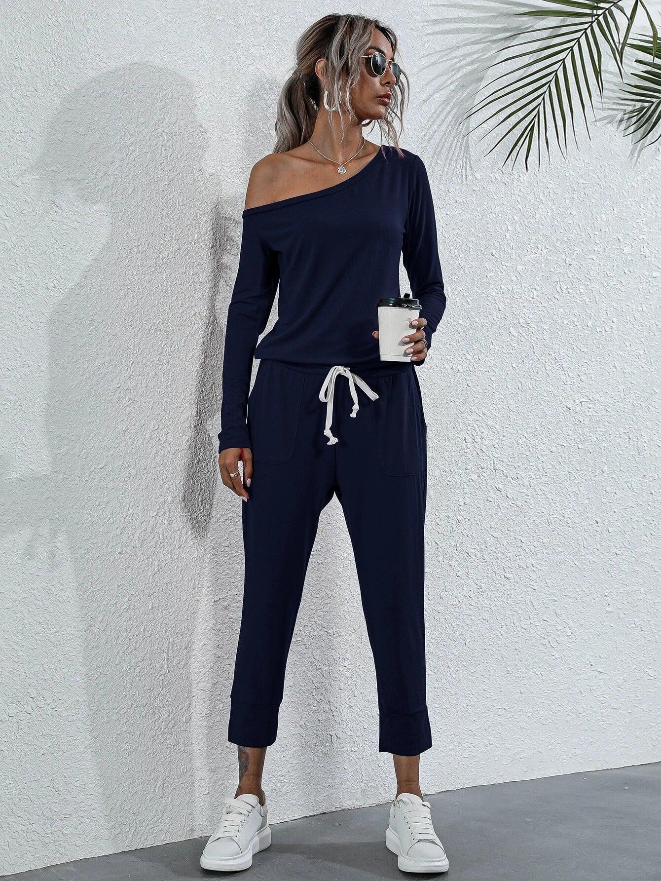 Asymmetrical Neck Drawstring Waist Jumpsuit-Comfy Jumpsuits