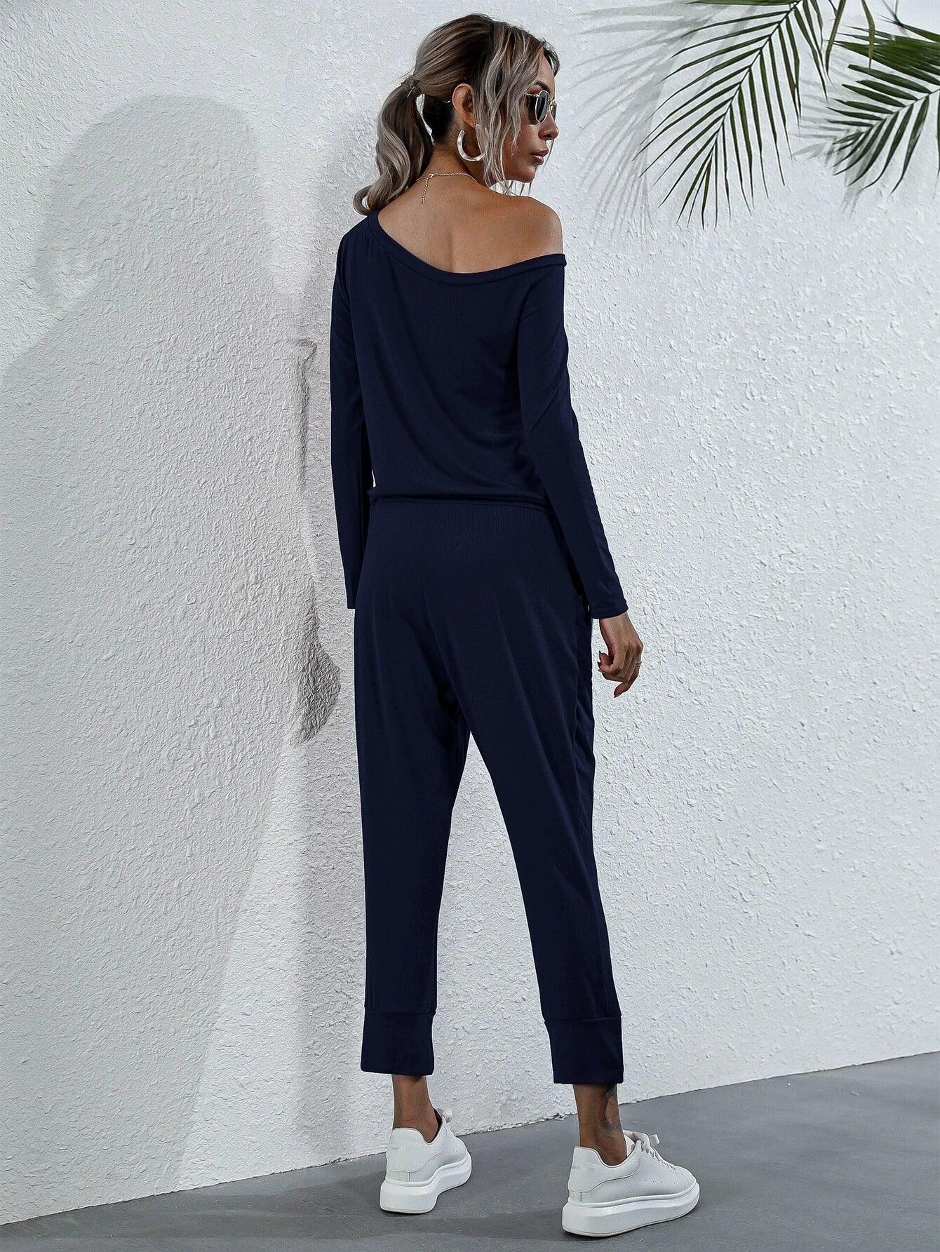 Asymmetrical Neck Drawstring Waist Jumpsuit-Comfy Jumpsuits