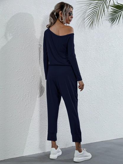 Asymmetrical Neck Drawstring Waist Jumpsuit-Comfy Jumpsuits