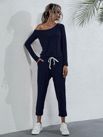 Asymmetrical Neck Drawstring Waist Jumpsuit-Comfy Jumpsuits