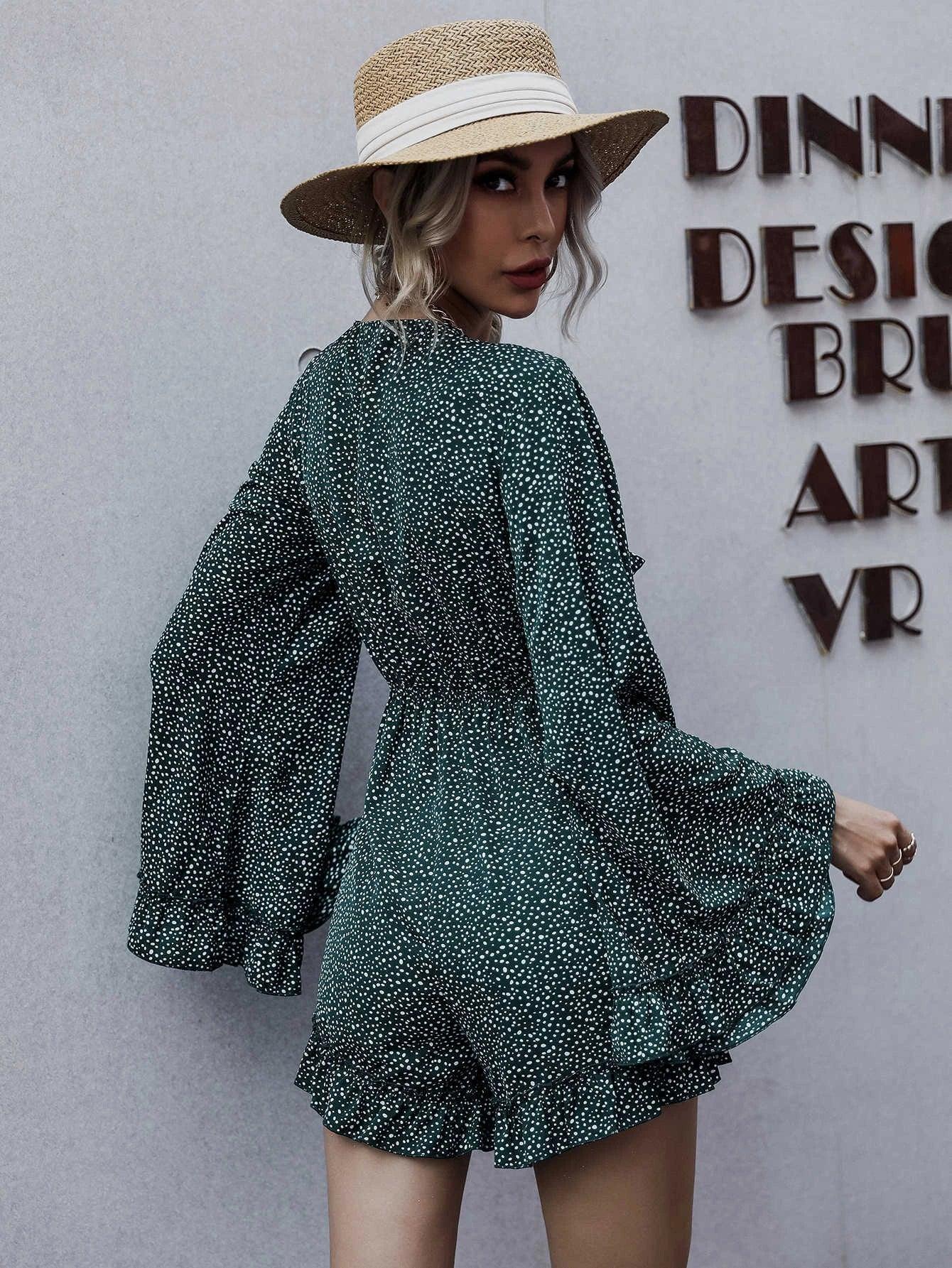 Printed Tie Front Ruffle Hem Romper-Comfy Jumpsuits