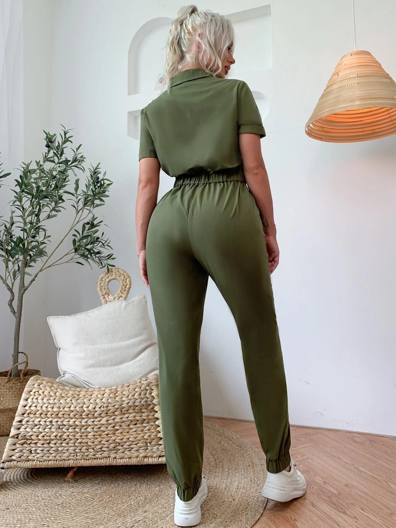 Flap Pocket Belted Front Knot Jumpsuit-Comfy Jumpsuits