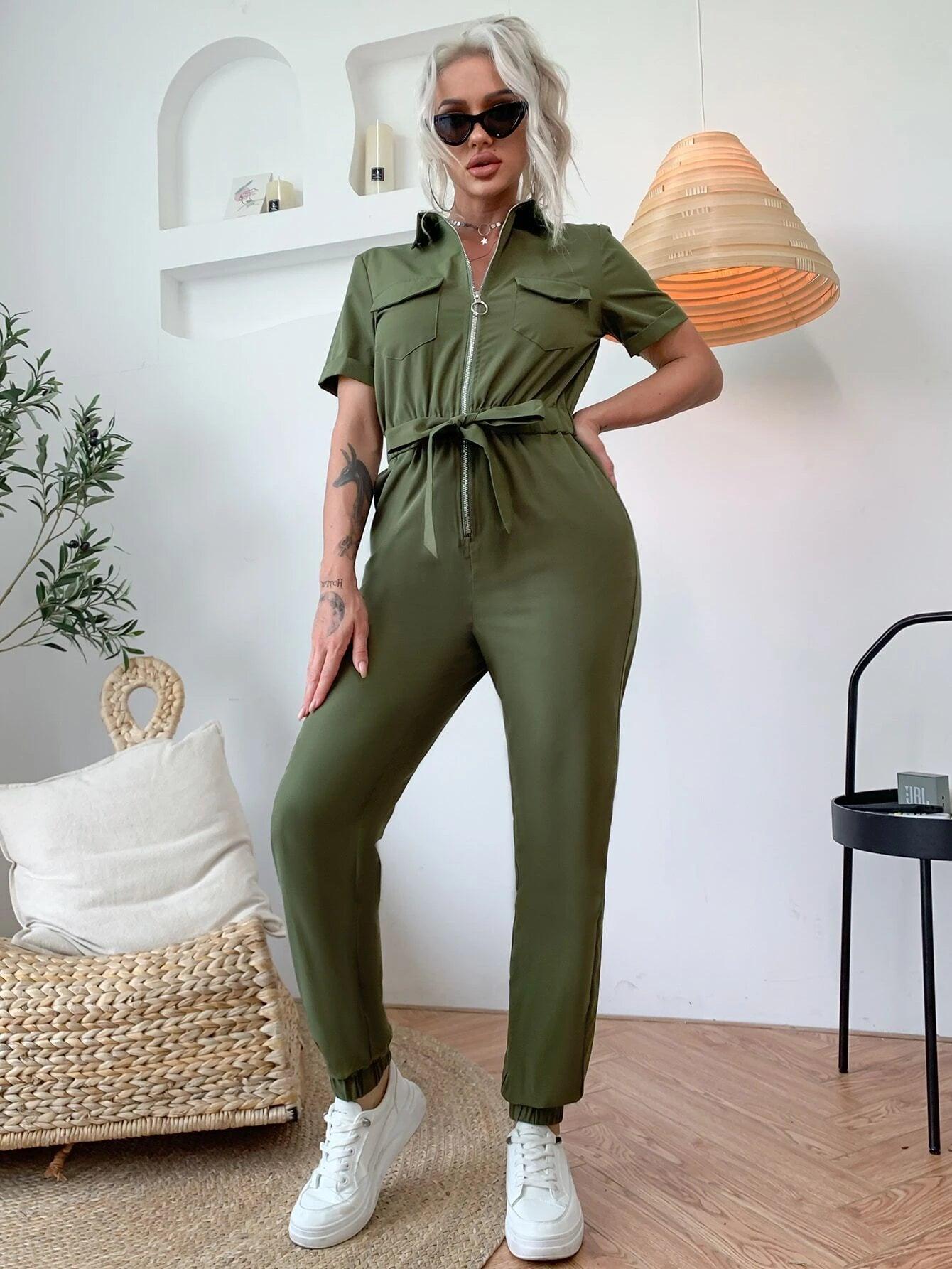 Flap Pocket Belted Front Knot Jumpsuit-Comfy Jumpsuits