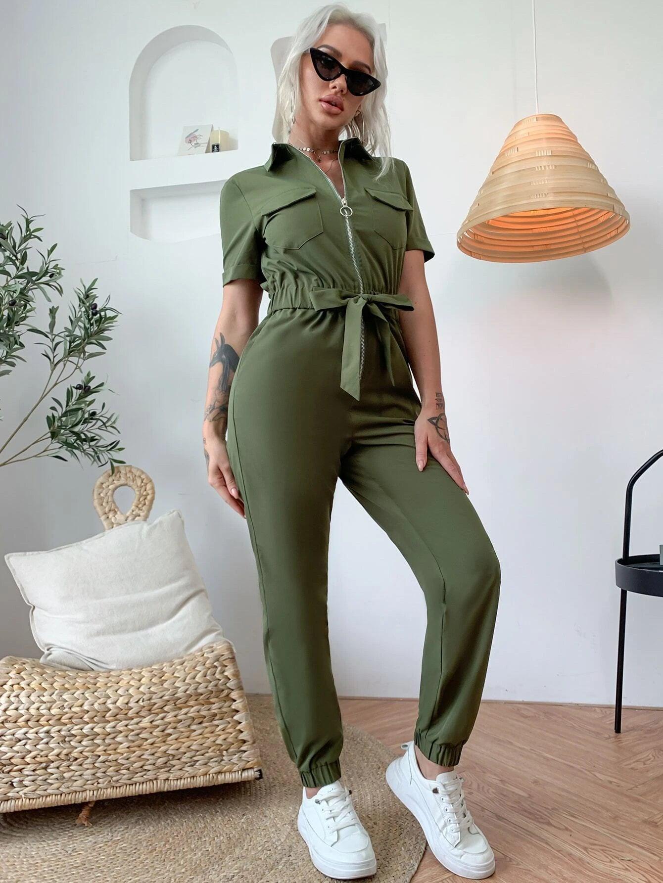Flap Pocket Belted Front Knot Jumpsuit-Comfy Jumpsuits