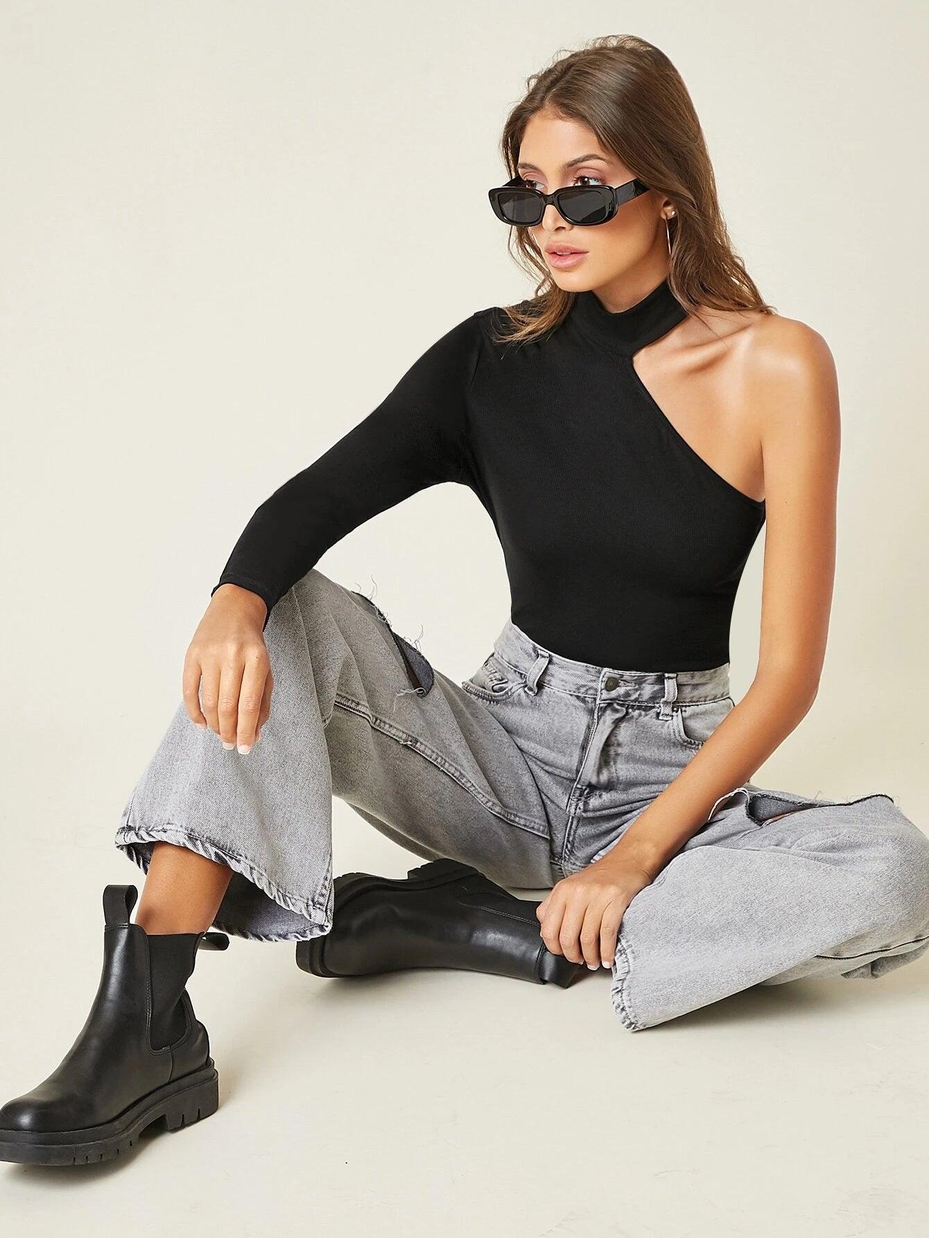 One Shoulder Skinny Bodysuit-Comfy Jumpsuits