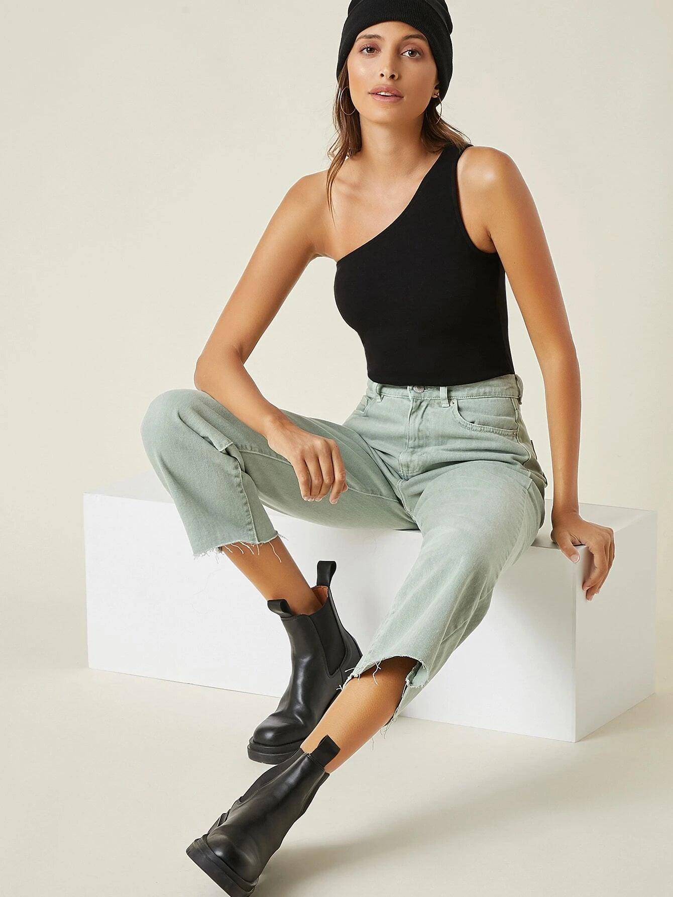 One Shoulder Solid Colored Bodysuit-Comfy Jumpsuits