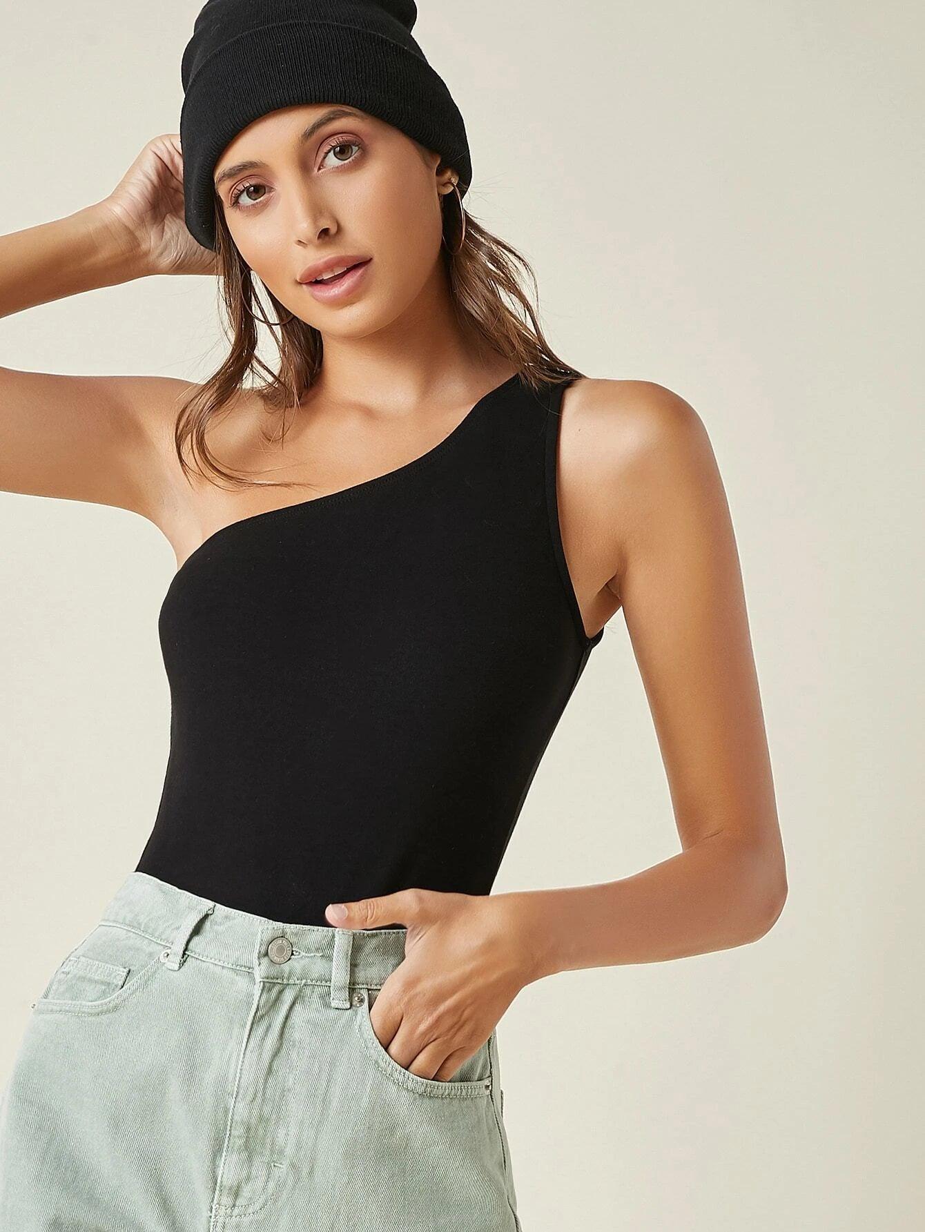 One Shoulder Solid Colored Bodysuit-Comfy Jumpsuits