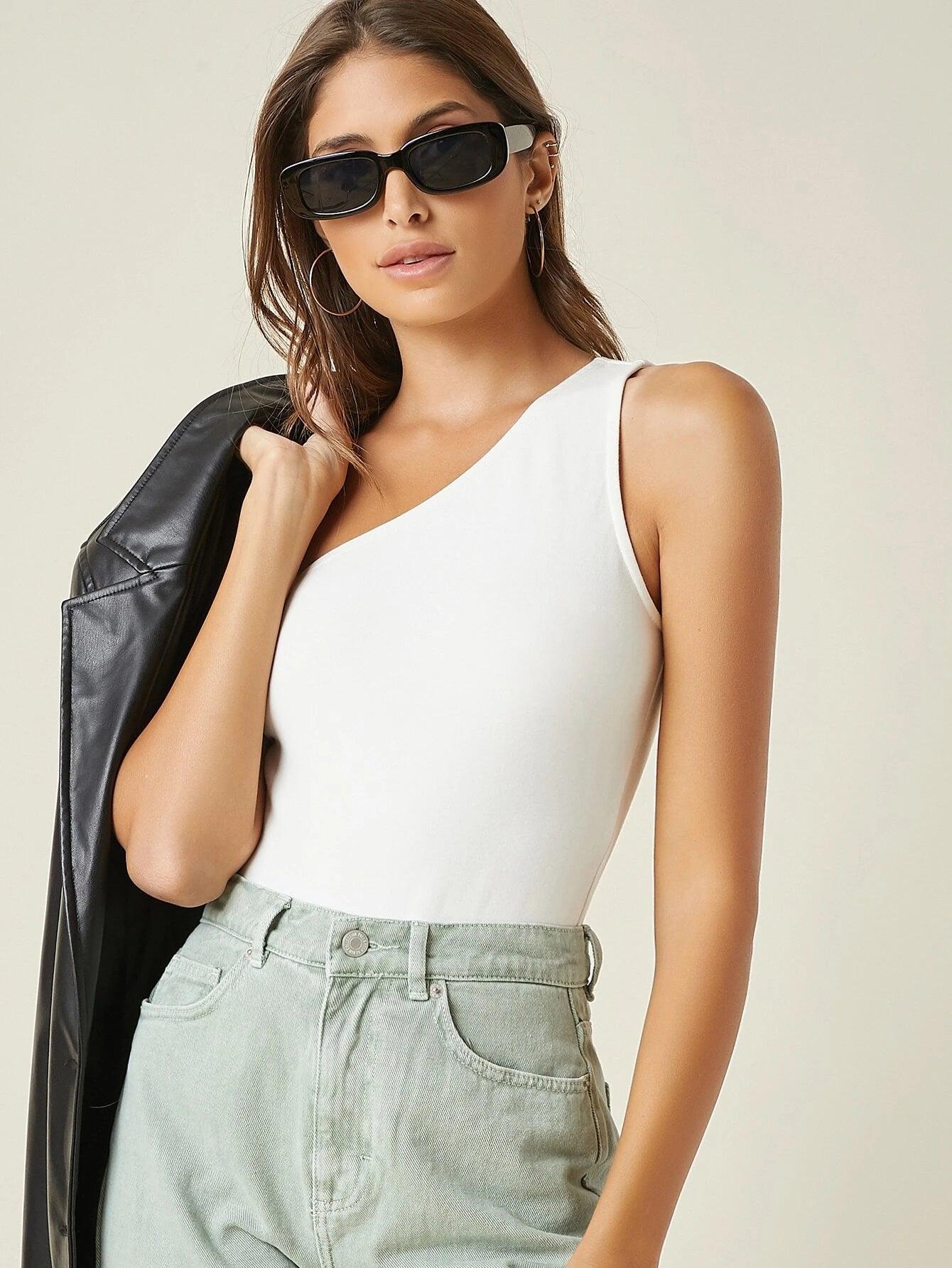 One Shoulder Solid Colored Bodysuit-Comfy Jumpsuits