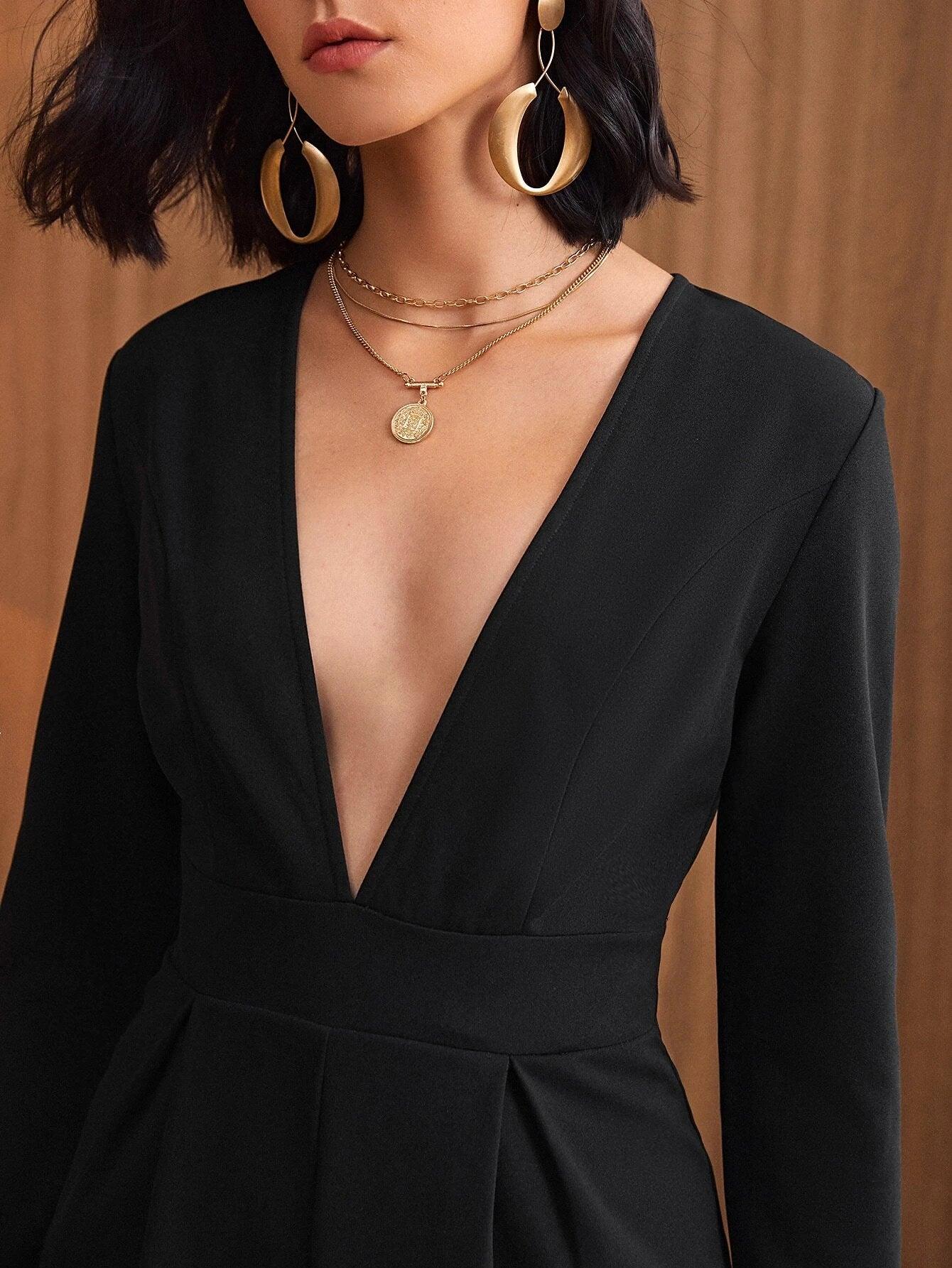 Plunging Neck Boxy Pleated Romper-Comfy Jumpsuits
