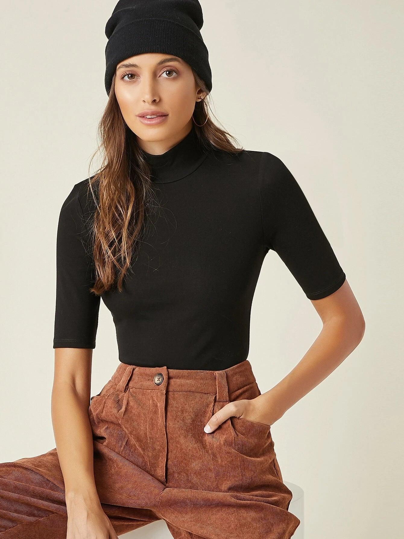 Plain Mock Neck Fitted Bodysuit-Comfy Jumpsuits