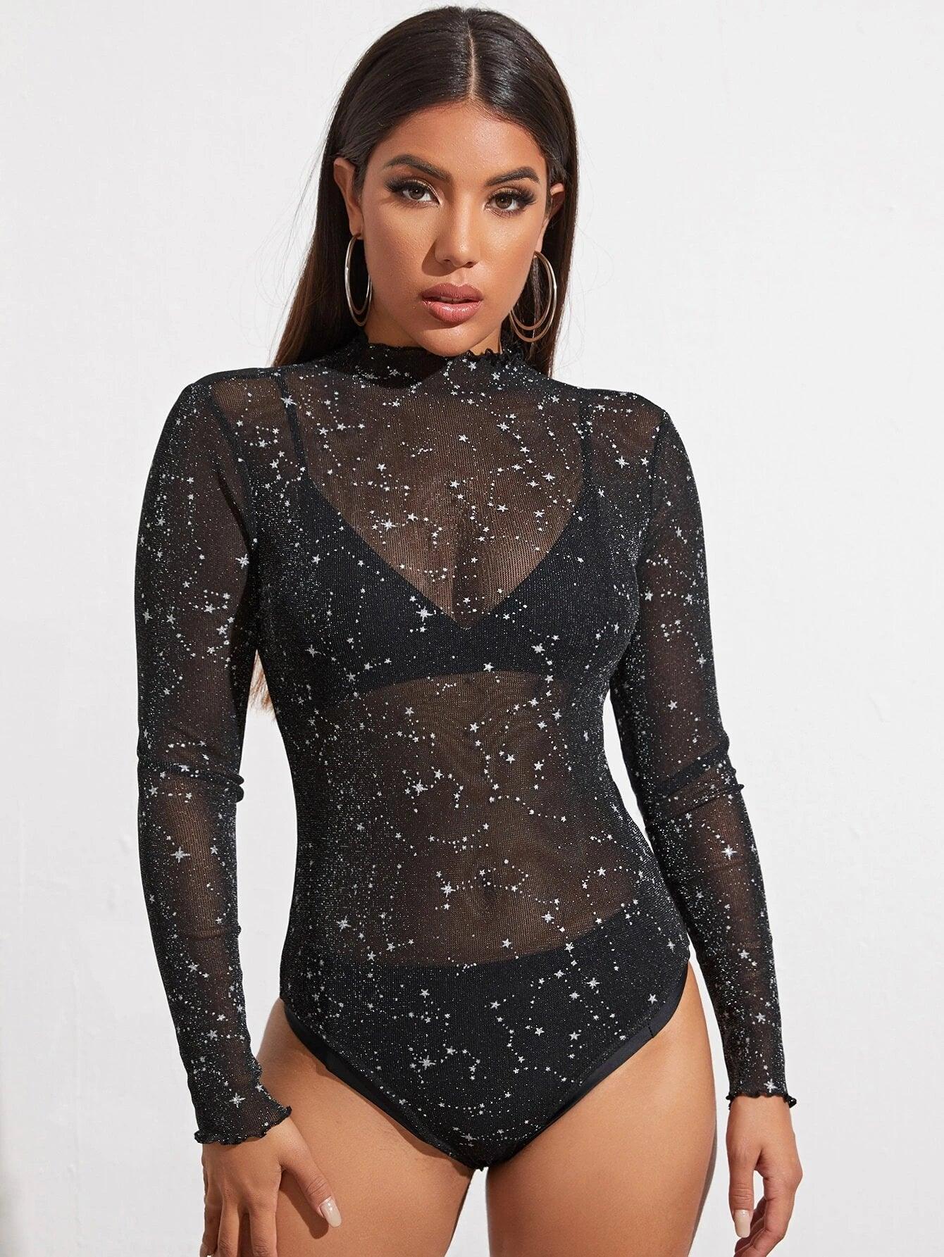 Galaxy Mock Neck Mesh Bodysuit-Comfy Jumpsuits