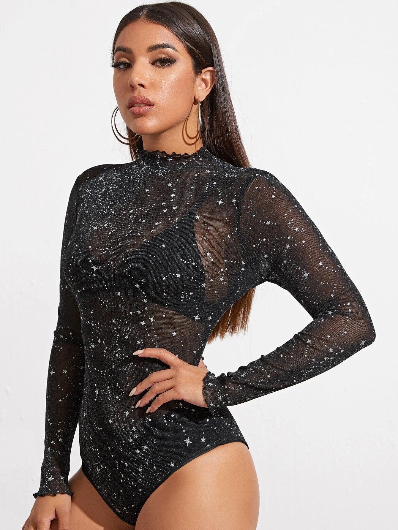Galaxy Mock Neck Mesh Bodysuit-Comfy Jumpsuits