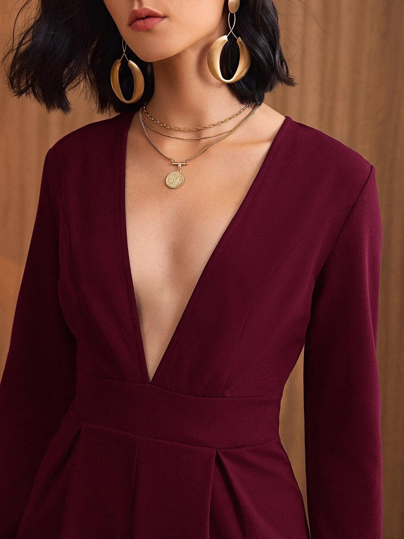 Plunging Neck Boxy Pleated Romper-Comfy Jumpsuits