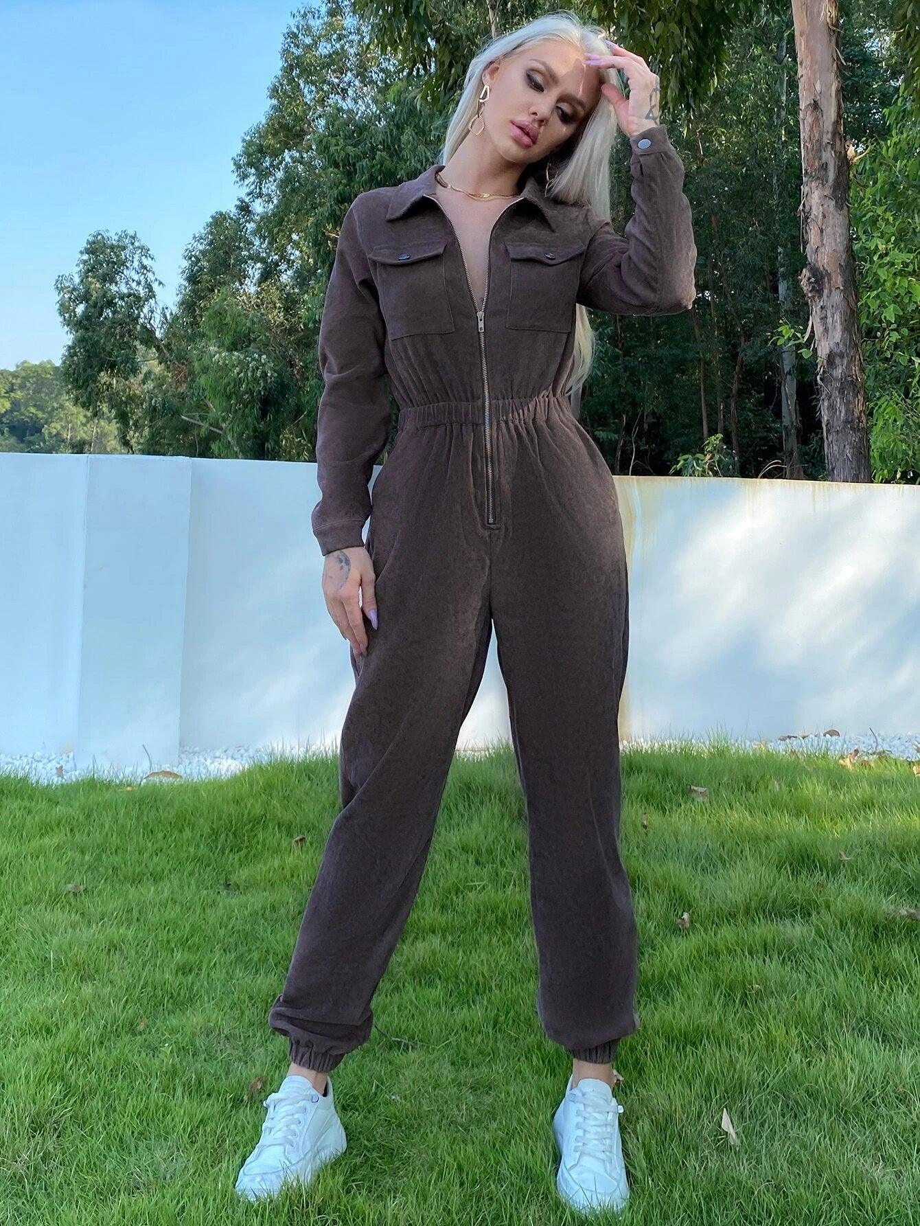 Flap Pocket Zip Up Jumpsuit-Comfy Jumpsuits