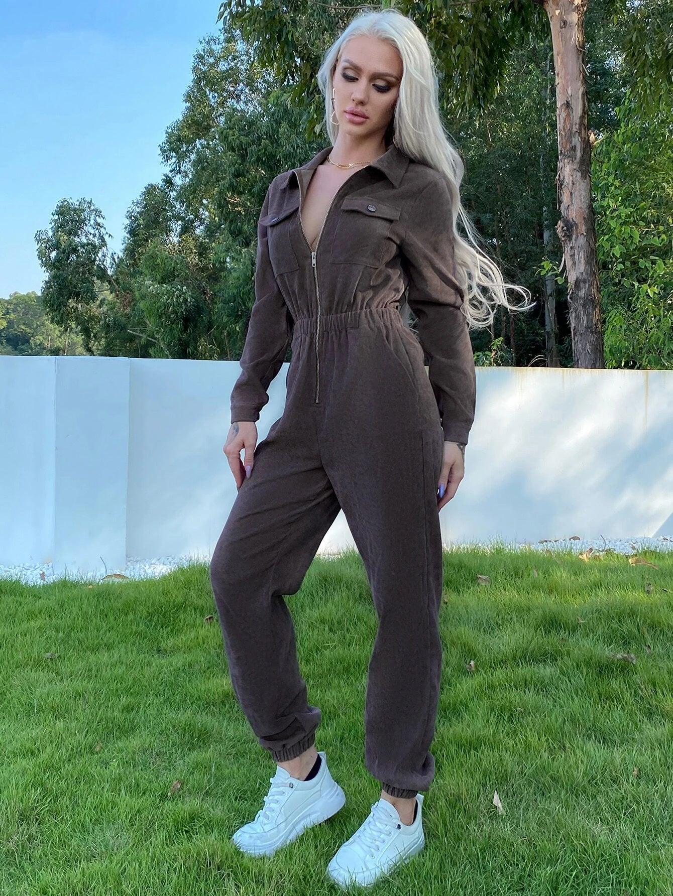Flap Pocket Zip Up Jumpsuit-Comfy Jumpsuits