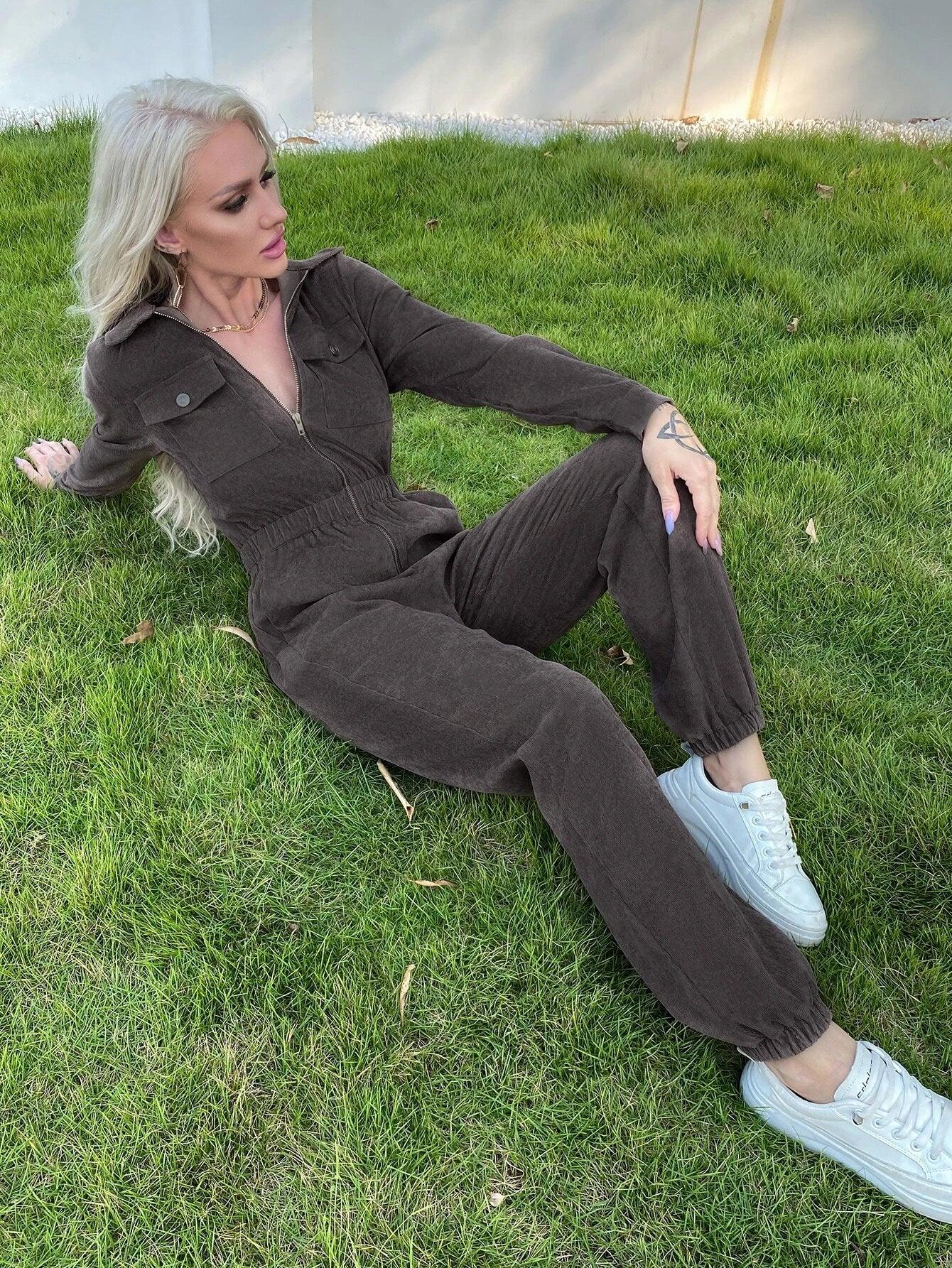 Flap Pocket Zip Up Jumpsuit-Comfy Jumpsuits