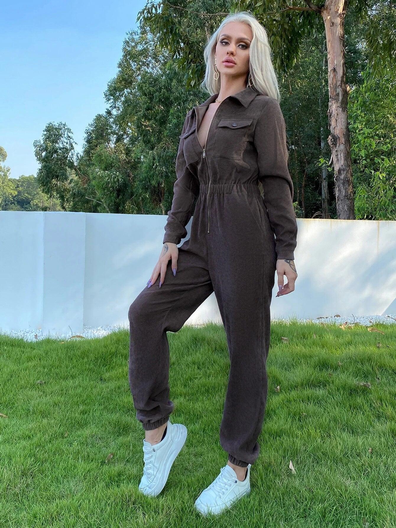 Flap Pocket Zip Up Jumpsuit-Comfy Jumpsuits