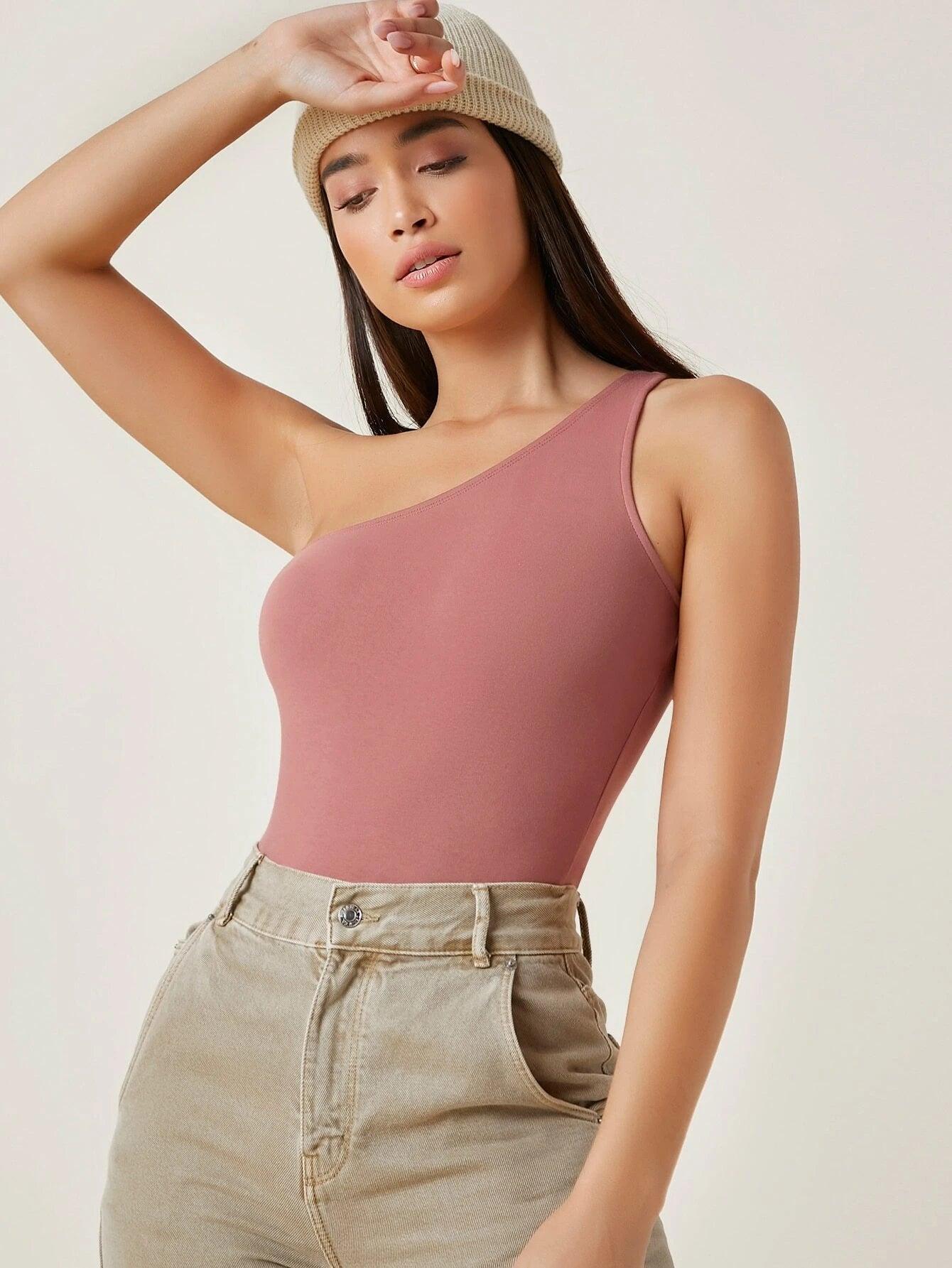 One Shoulder Solid Colored Bodysuit-Comfy Jumpsuits