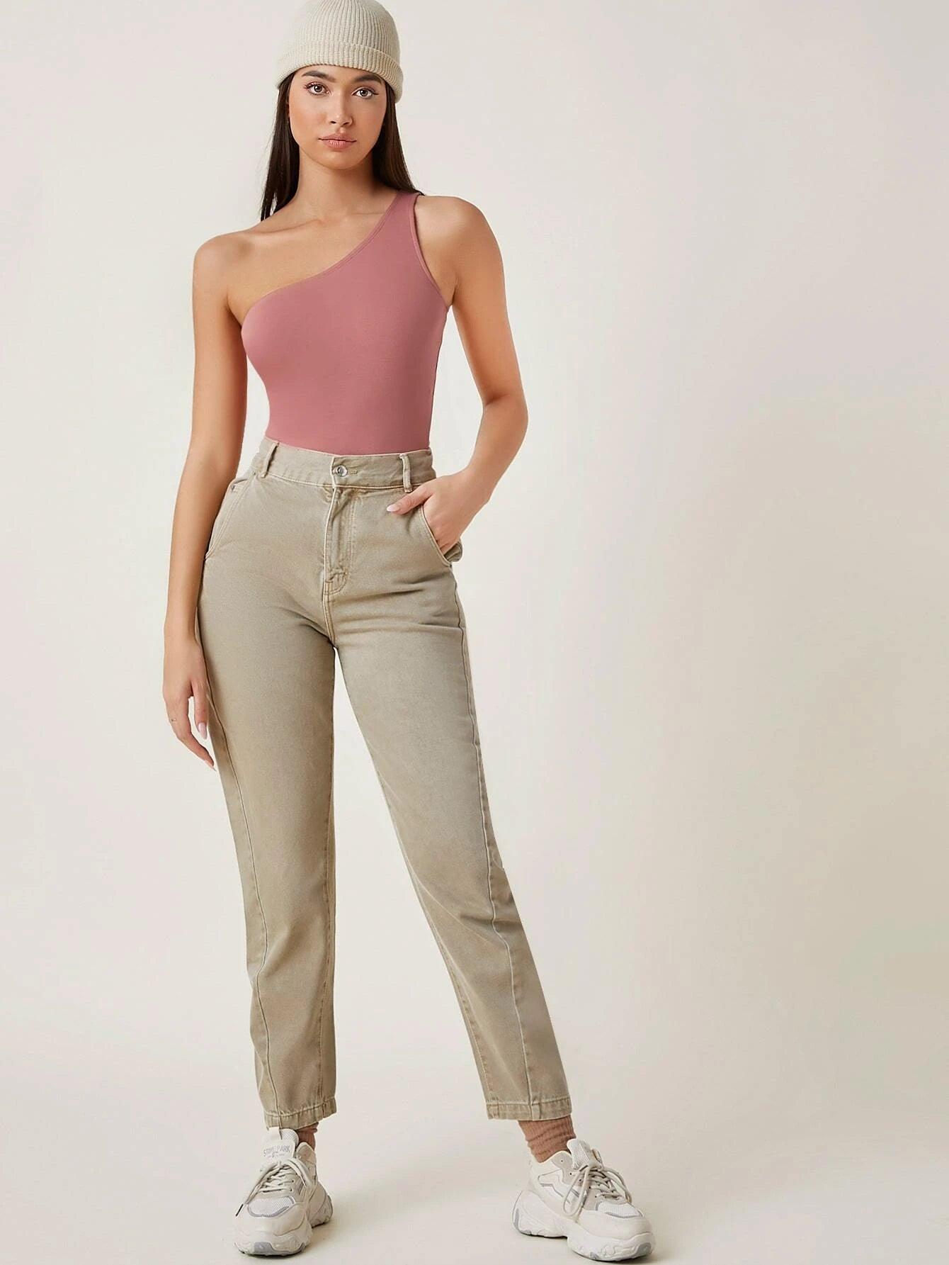 One Shoulder Solid Colored Bodysuit-Comfy Jumpsuits