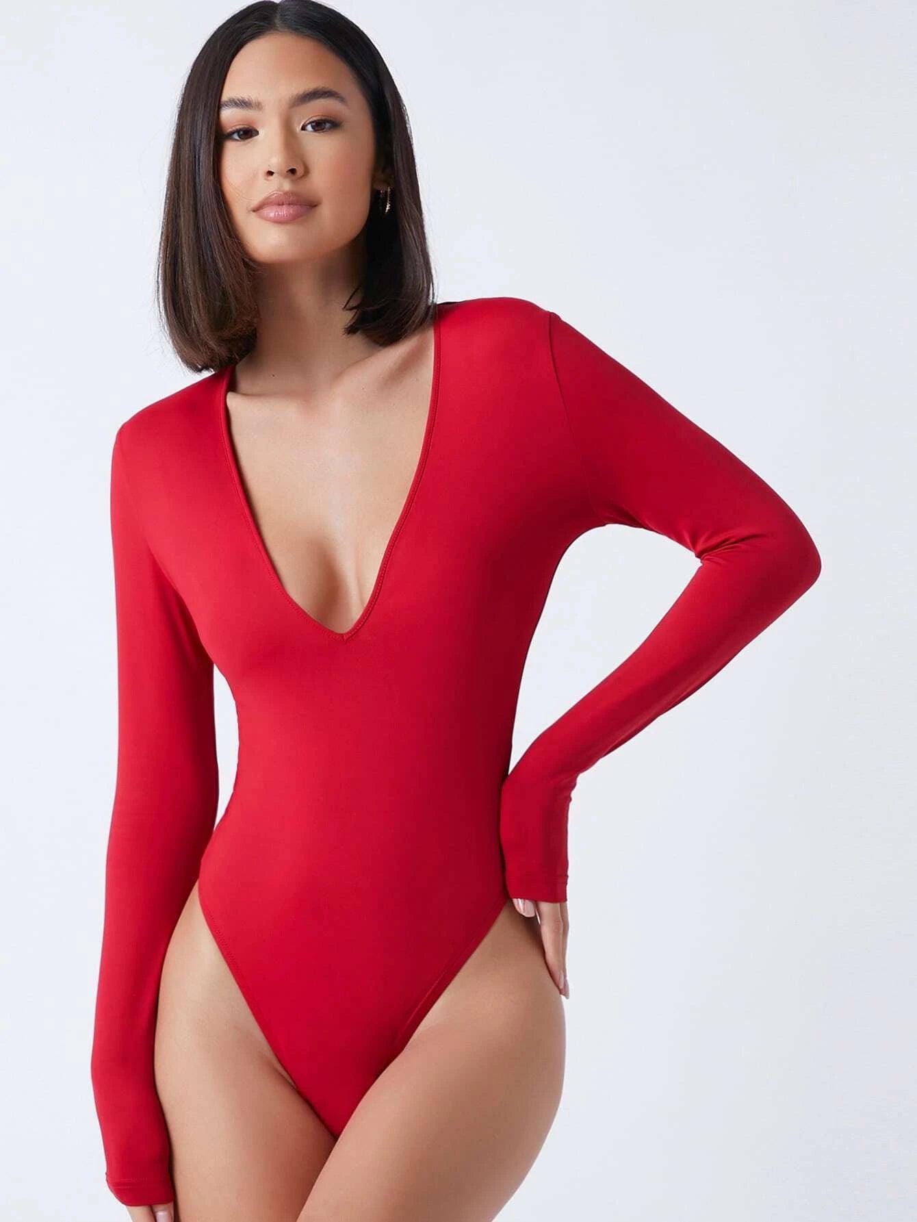 Deep V Neck Fitted Bodysuit-Comfy Jumpsuits