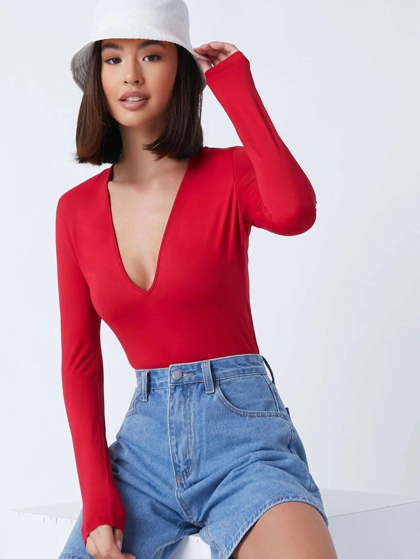 Deep V Neck Fitted Bodysuit-Comfy Jumpsuits