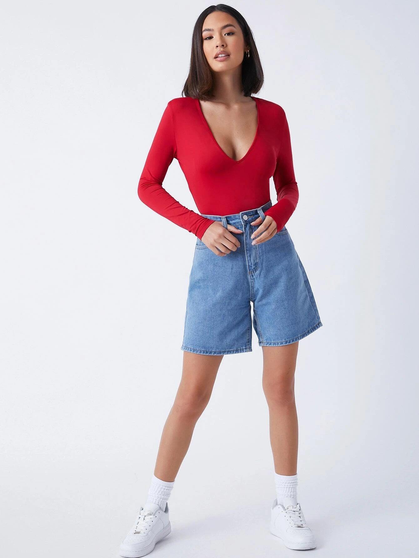 Deep V Neck Fitted Bodysuit-Comfy Jumpsuits