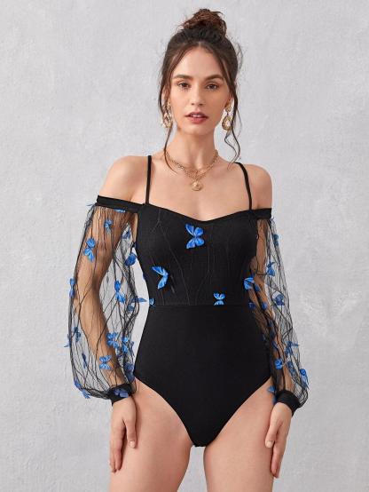 3D Butterfly Lantern Sleeve Mesh Overlay Bodysuit-Comfy Jumpsuits