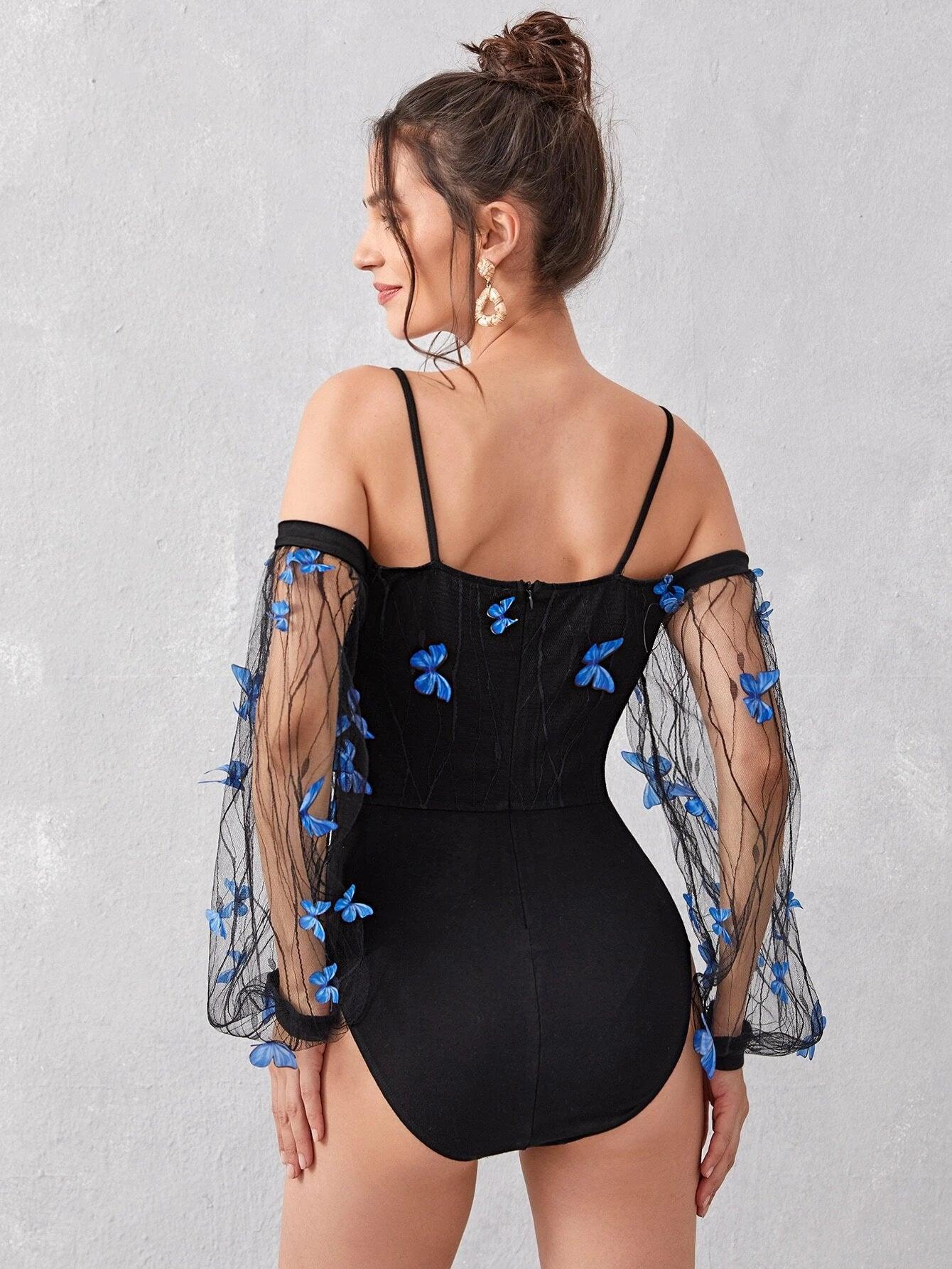3D Butterfly Lantern Sleeve Mesh Overlay Bodysuit-Comfy Jumpsuits