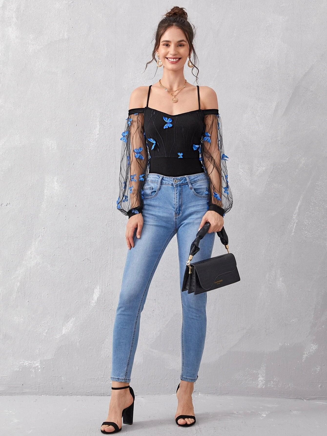 3D Butterfly Lantern Sleeve Mesh Overlay Bodysuit-Comfy Jumpsuits