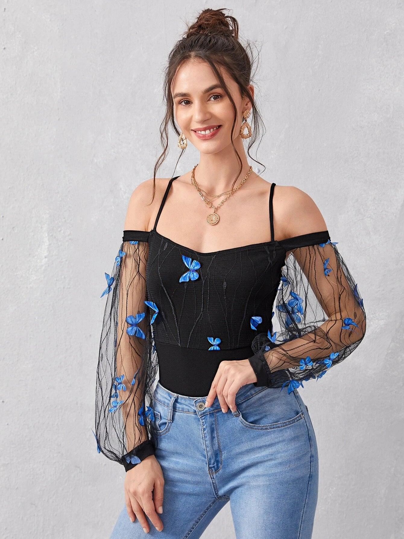 3D Butterfly Lantern Sleeve Mesh Overlay Bodysuit-Comfy Jumpsuits