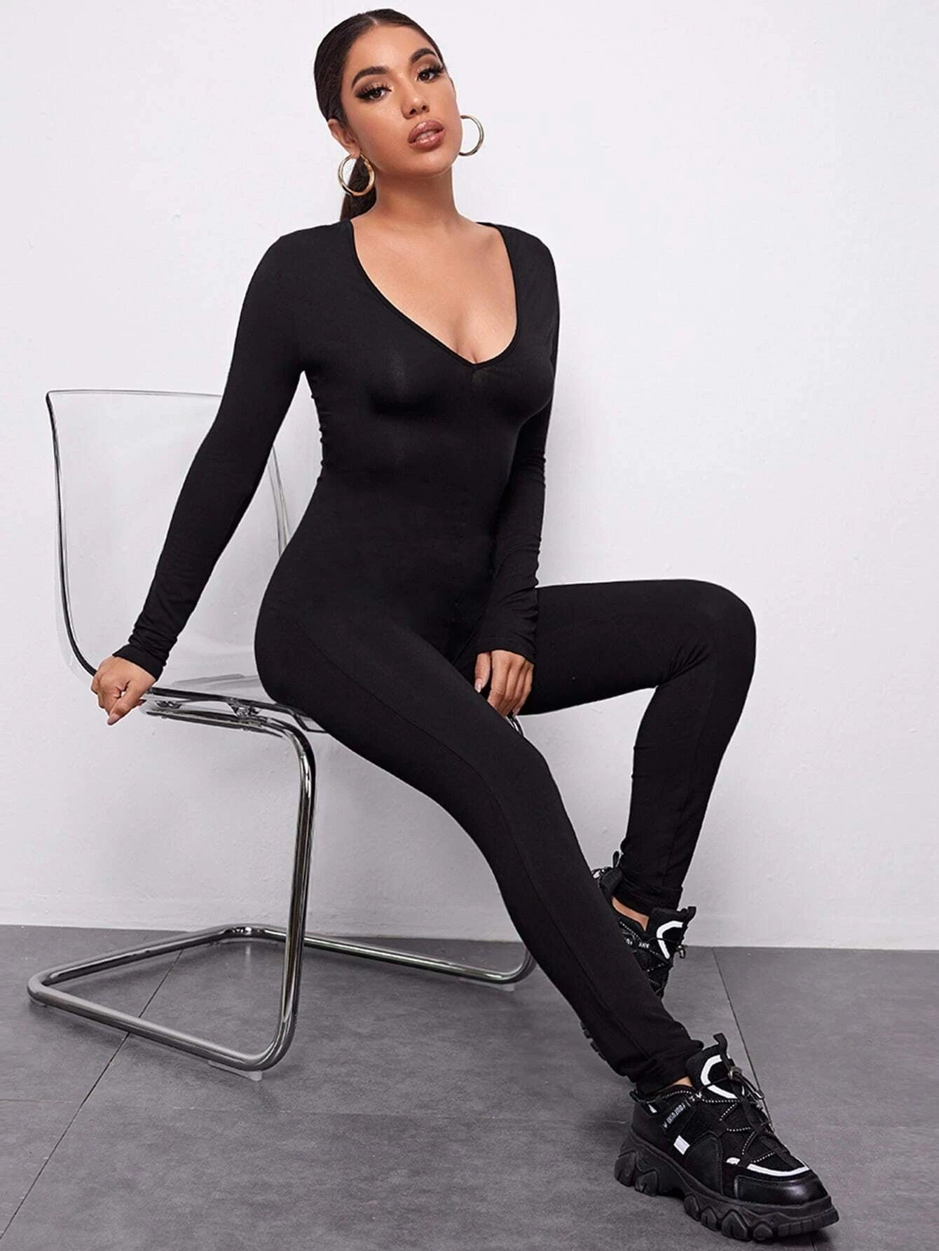 V-Neck Solid Form Fitted Jumpsuit-Comfy Jumpsuits