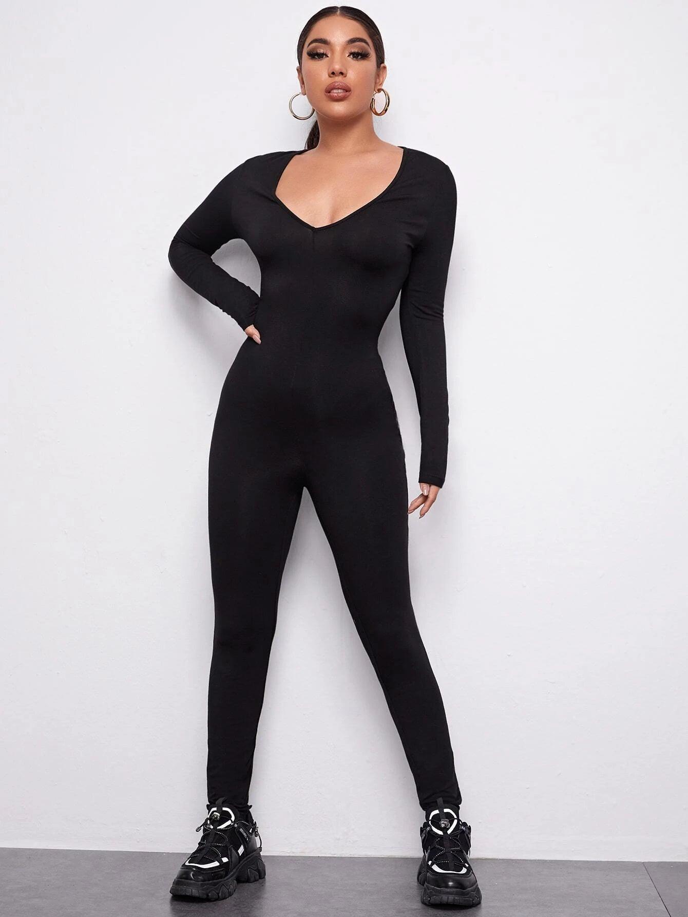 V-Neck Solid Form Fitted Jumpsuit-Comfy Jumpsuits