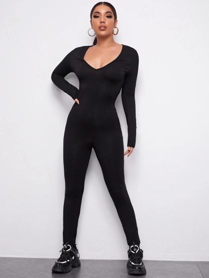 V-Neck Solid Form Fitted Jumpsuit-Comfy Jumpsuits