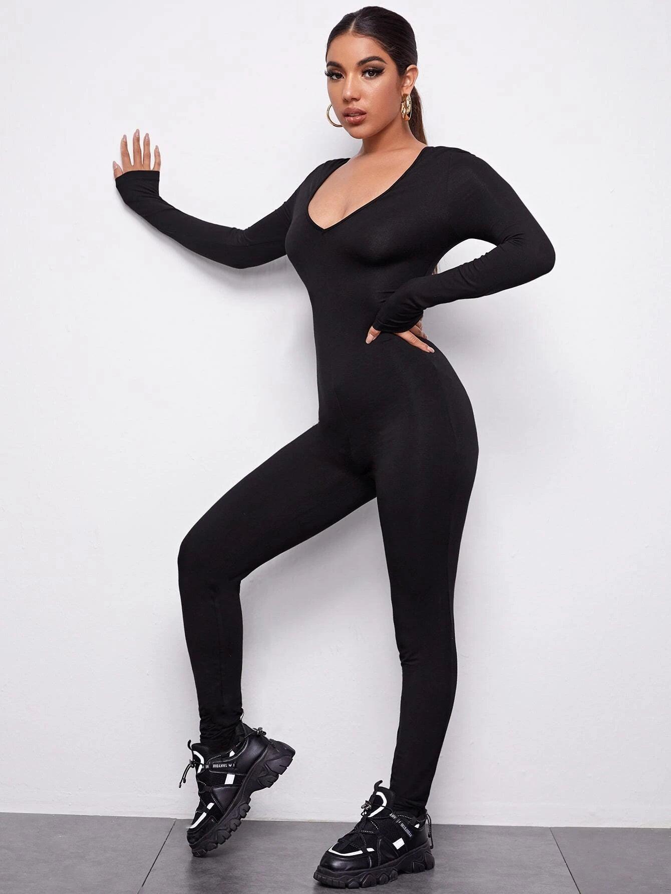 V-Neck Solid Form Fitted Jumpsuit-Comfy Jumpsuits