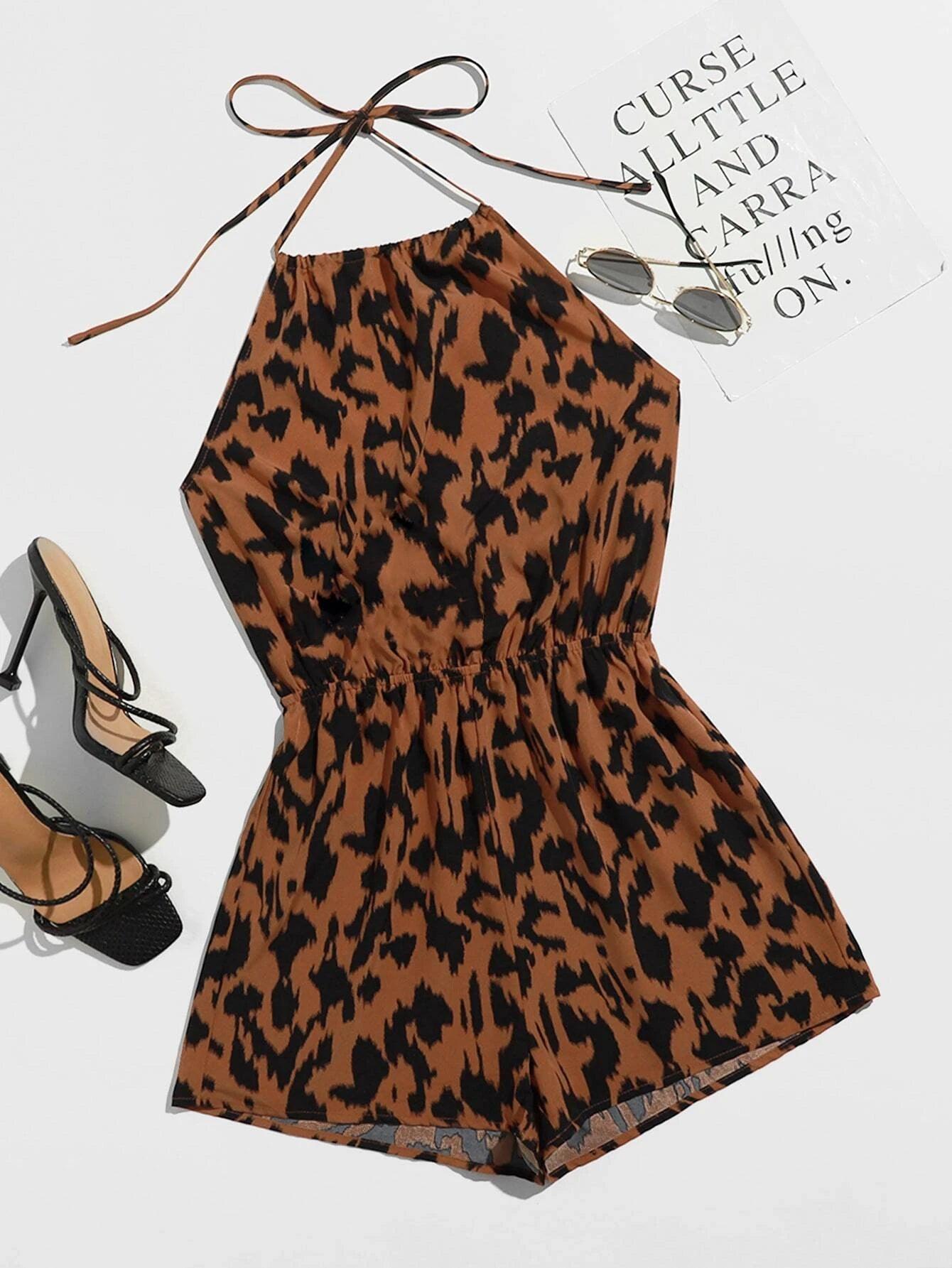 Allover Print Tie Back Halter Romper-Comfy Jumpsuits