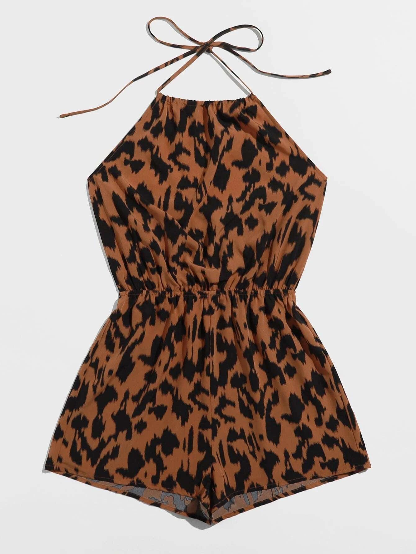 Allover Print Tie Back Halter Romper-Comfy Jumpsuits