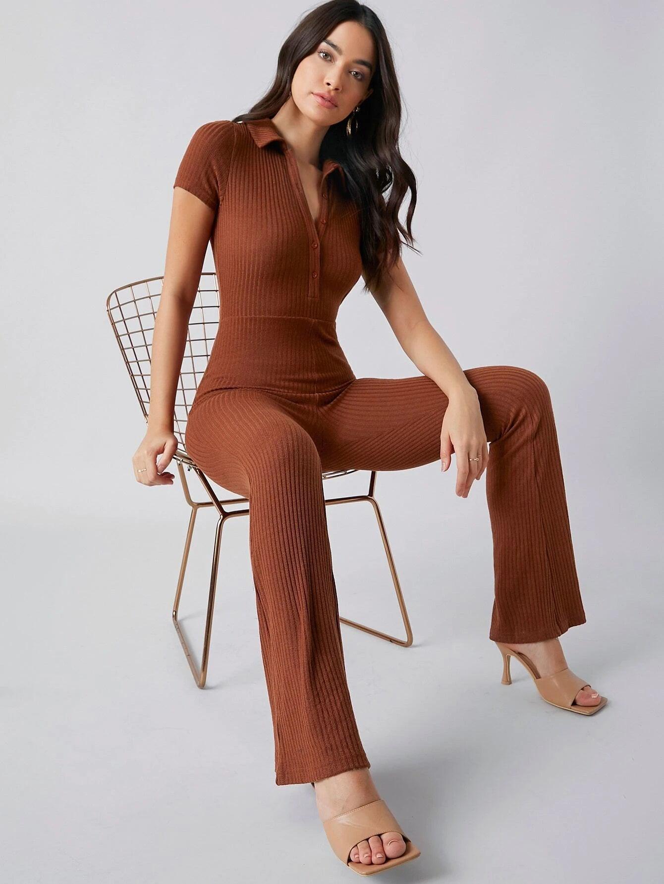 Button Front Rib-knit Solid Jumpsuit-Comfy Jumpsuits