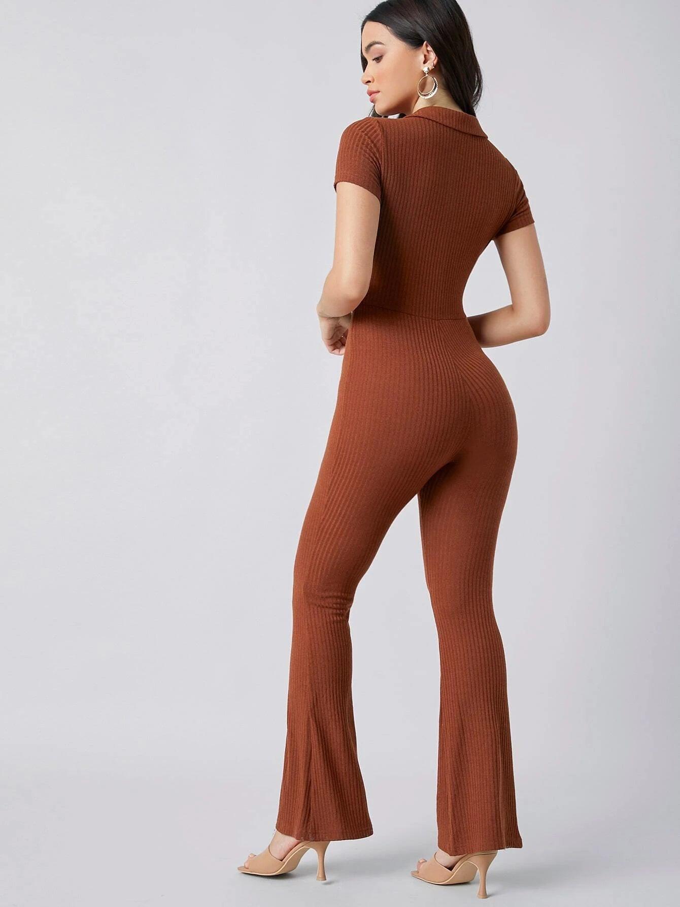 Button Front Rib-knit Solid Jumpsuit-Comfy Jumpsuits