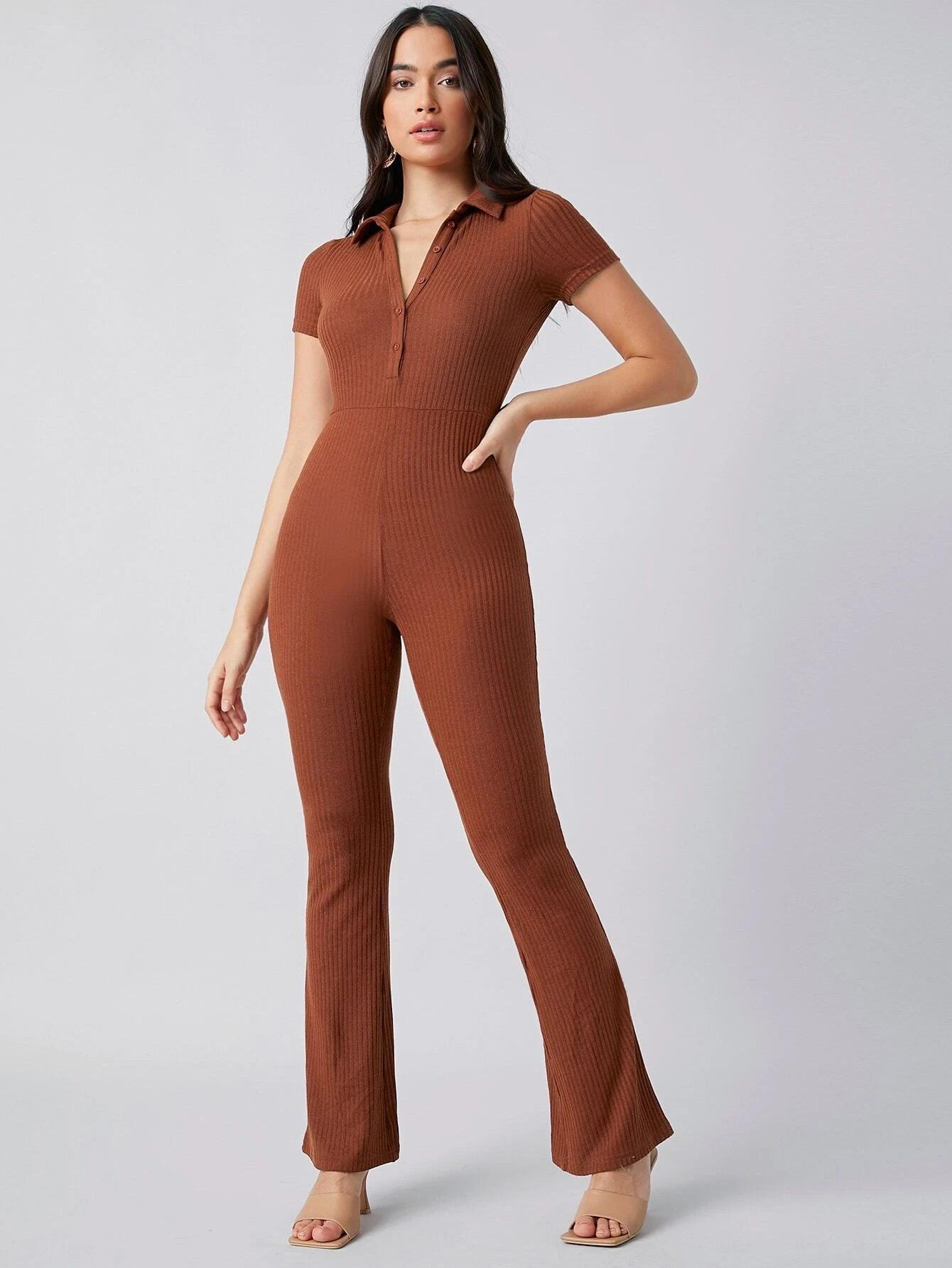 Button Front Rib-knit Solid Jumpsuit-Comfy Jumpsuits