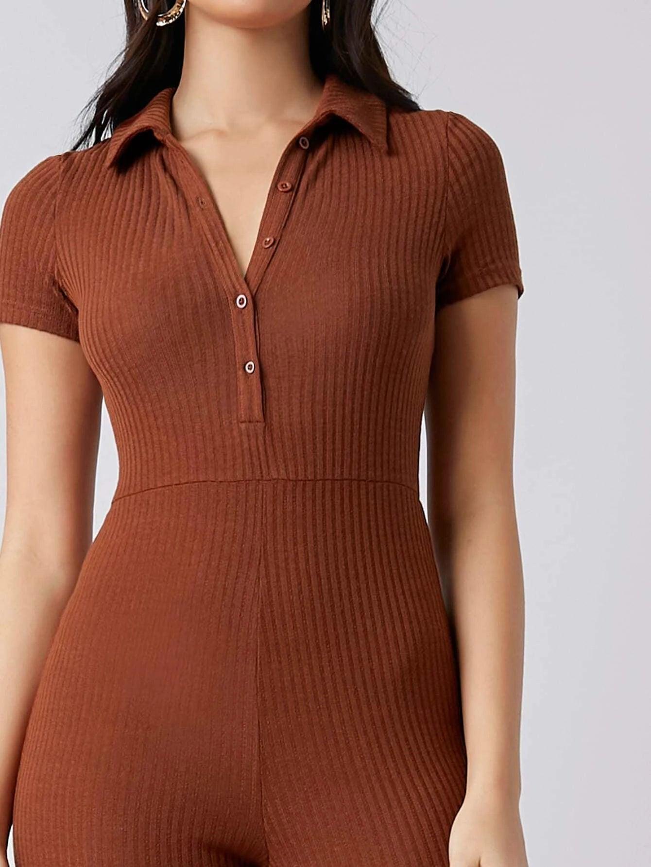 Button Front Rib-knit Solid Jumpsuit-Comfy Jumpsuits