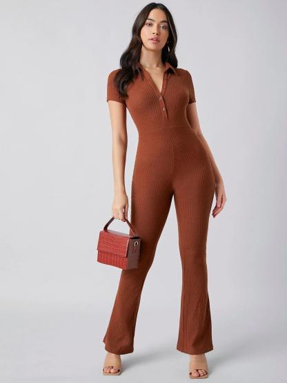 Button Front Rib-knit Solid Jumpsuit-Comfy Jumpsuits