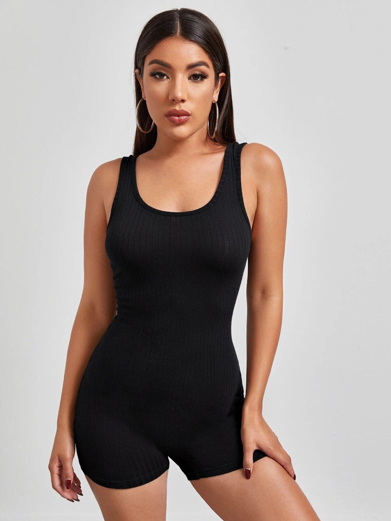Scoop Neck Rib-knit Tank Unitard Romper-Comfy Jumpsuits