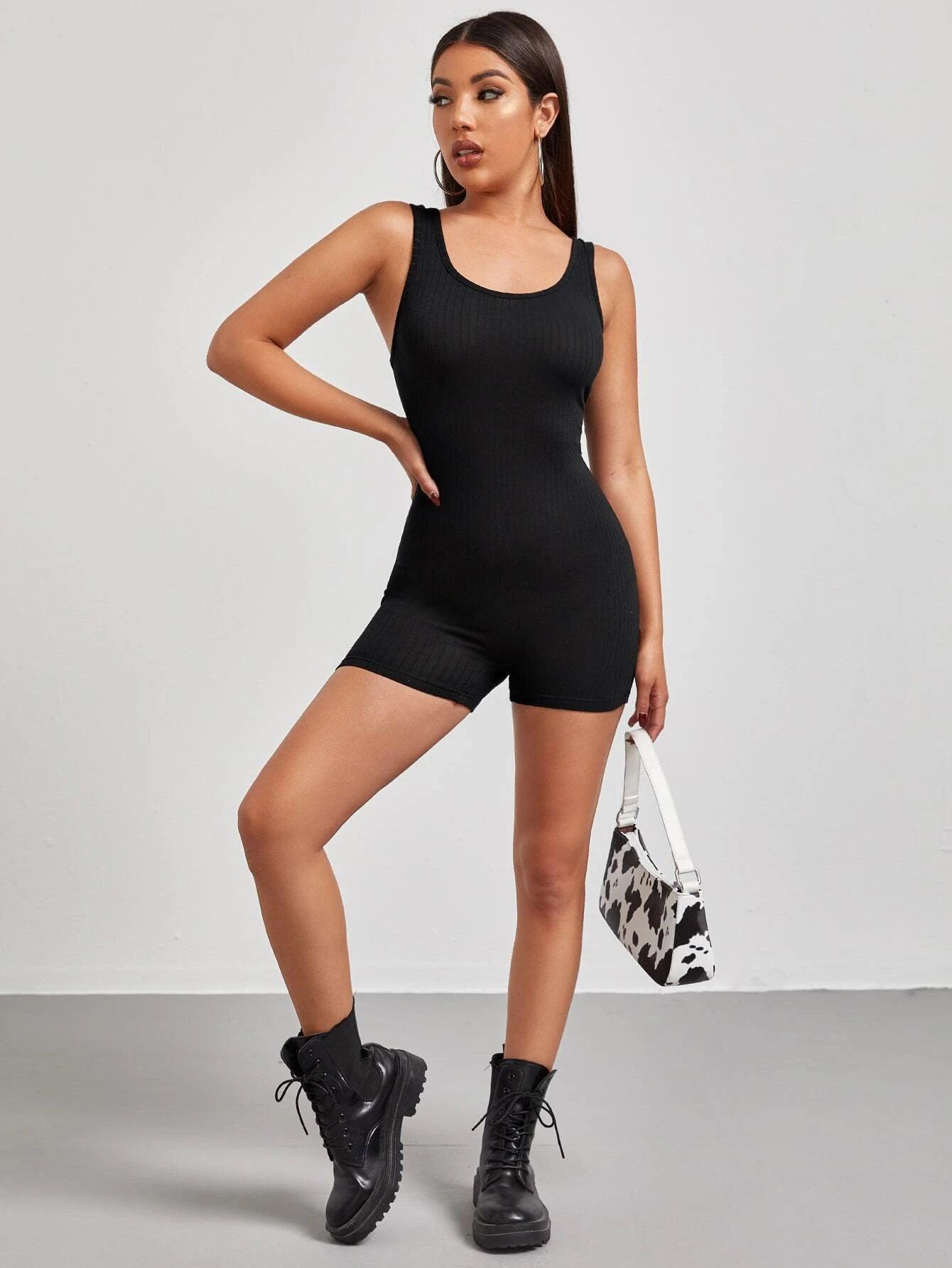 Scoop Neck Rib-knit Tank Unitard Romper-Comfy Jumpsuits