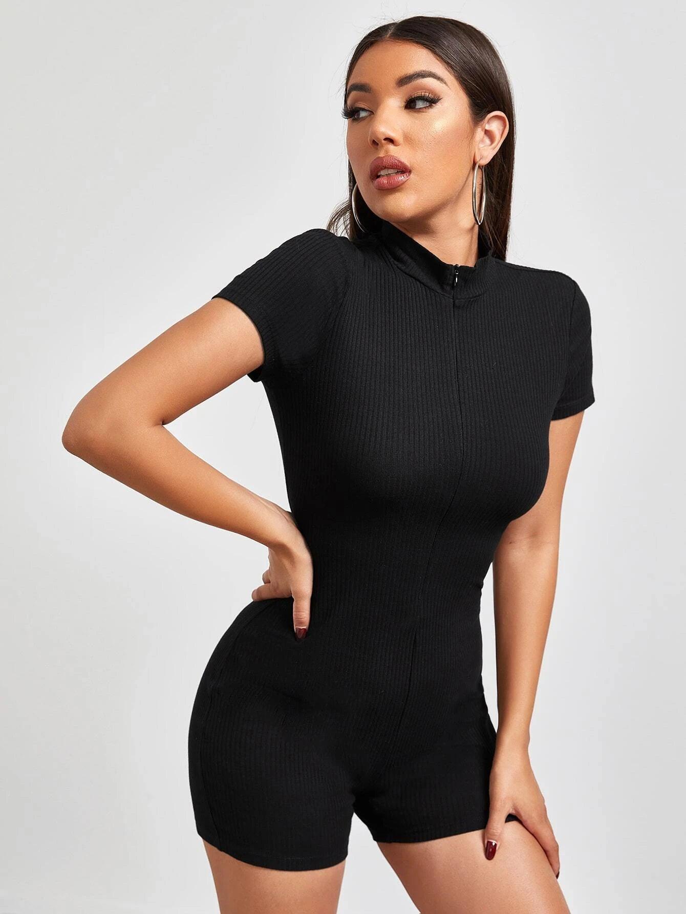 Zip Up Rib knit Romper-Comfy Jumpsuits
