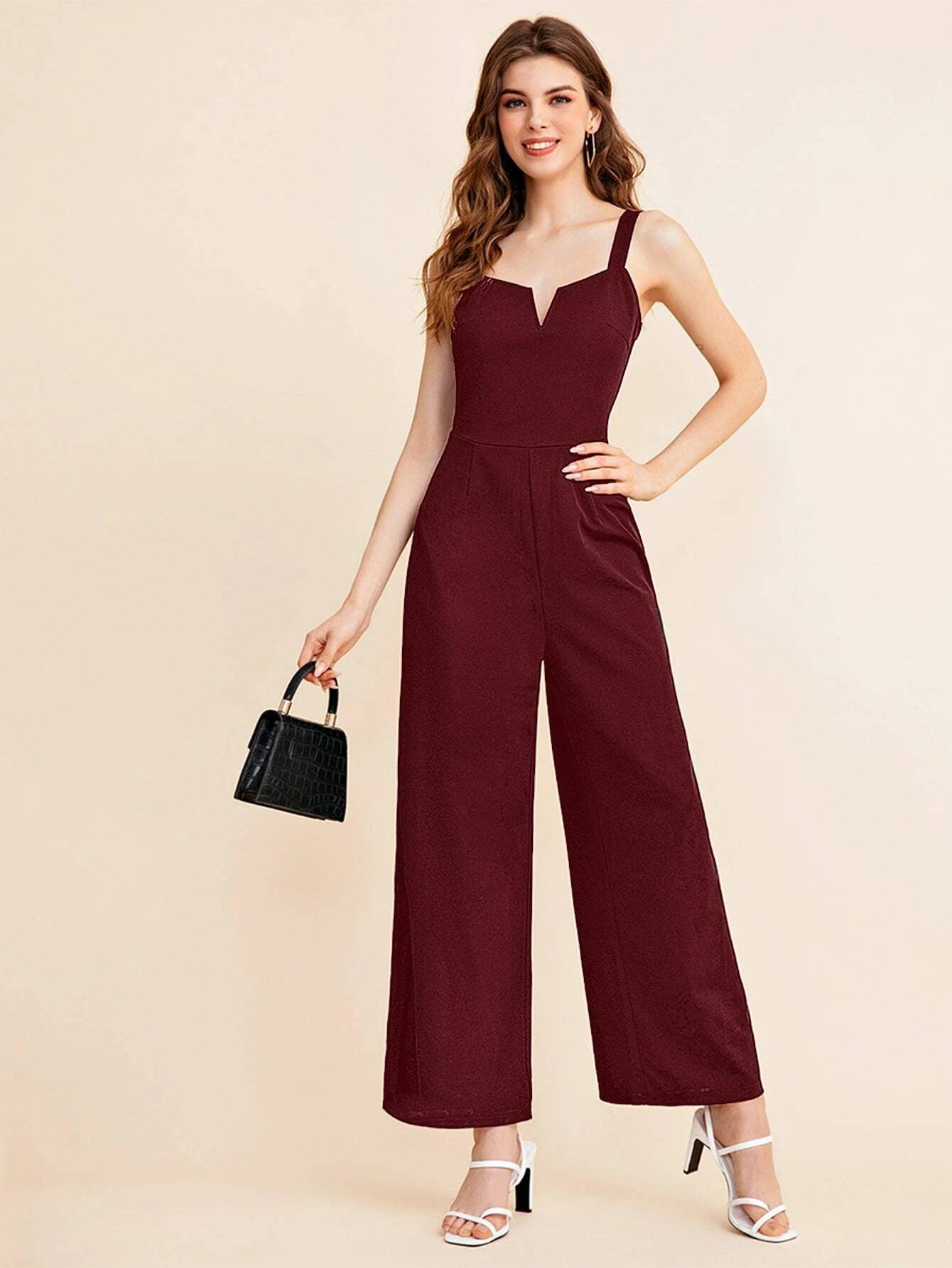 Notch Neck Solid Slip Jumpsuit-Comfy Jumpsuits