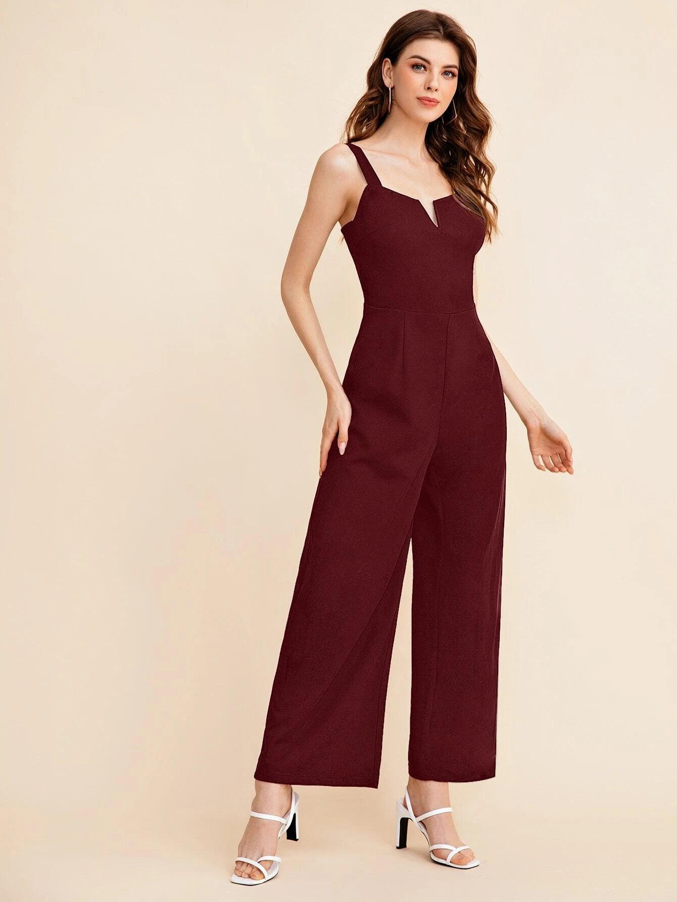 Notch Neck Solid Slip Jumpsuit-Comfy Jumpsuits